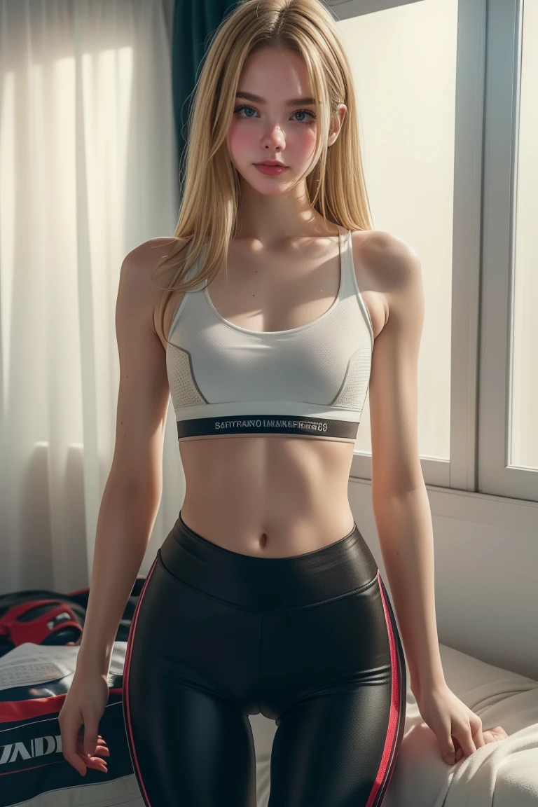 realistic, realism, photorealism, photo-realistic, high contrast, (photorealistic:1.4), (perfect female figure), 8k high definition detailed realistic, (best quality, masterpiece:1.2),  photon mapping, radiosity, physically-based rendering, best quality, highly detailed, 1girl, sgwen, fancy sexy black nike sport bra, cyan push up Leggings, shy blushing, smileys very cute, shows her big horny ass, sexy big juicy ass, horny big ass