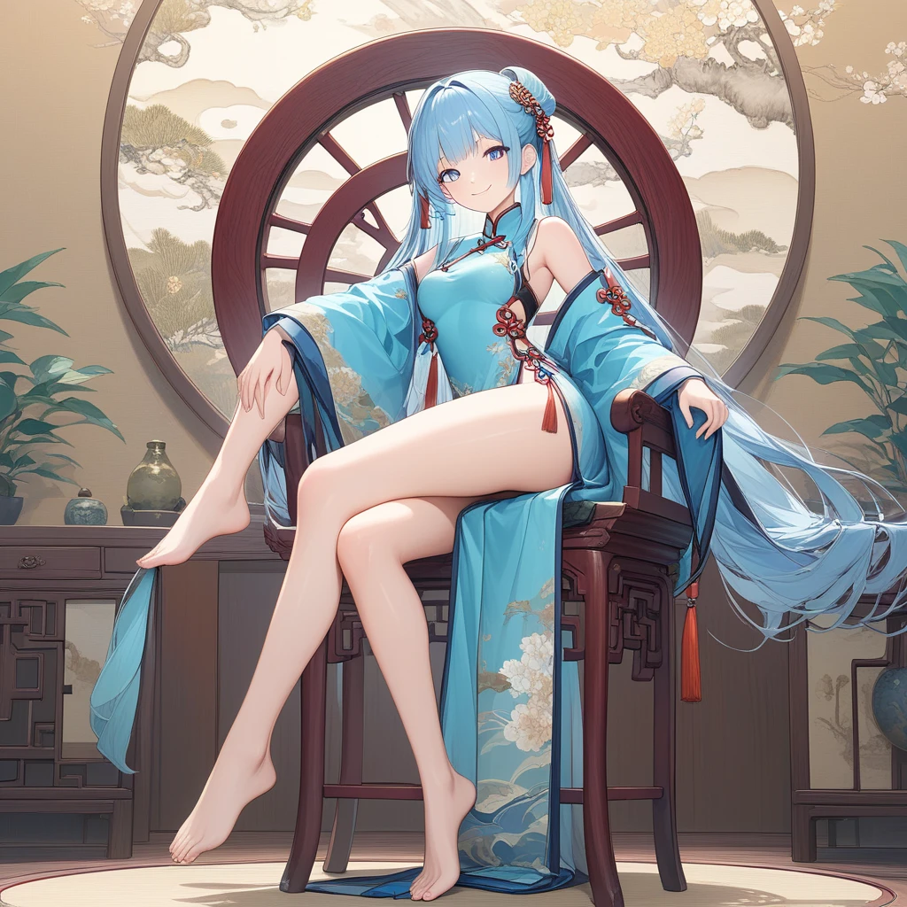 best quality,masterpiece,detailed,light layer,a girl,black hair,silver stain,There are dragon horns in the hair,dragon tail,Antique Chinese clothing,ink,golden eyes,attractive body,medium breasts,ink画,antique bedroom,Tai Shi chair,grace,Hand folding fan