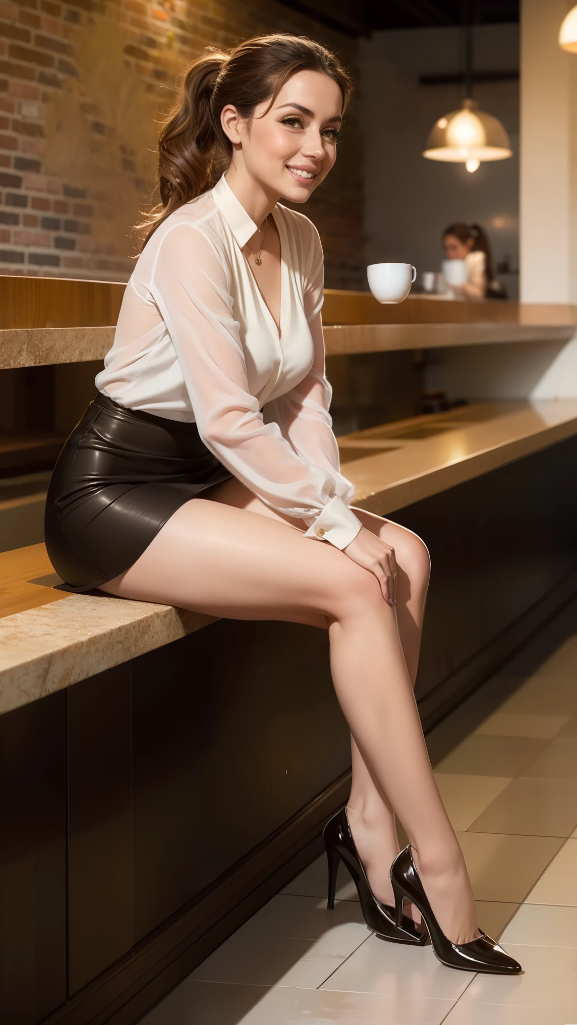 A seductive photo of a woman,, sheer white blouse, extremely short light grey skirt, dark brown hair in ponytail, skin texture, digital painting, illustration, (masterpiece, best quality:1.2), high details, contrasting lighting, (sitting in coffee shop with legs slightly apart) full body view, crowded coffee shop, big smile
