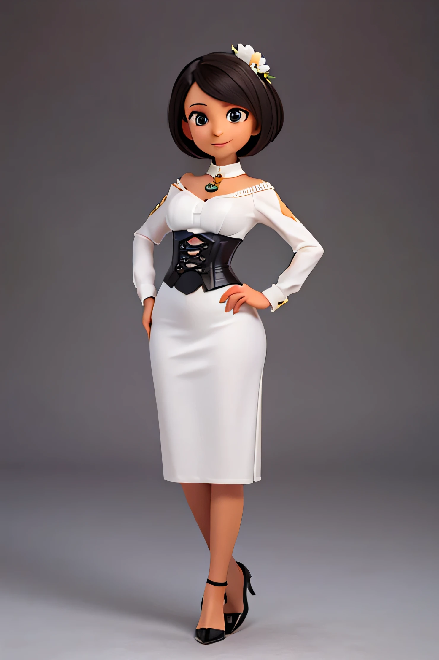 A full-bodied woman with brown skin, of small stature and curvaceous build.  has black hair , smooth and short,  with a straight cut at shoulder height and a side stripe .  Her expression is friendly and safe ,  with a warm smile .  Wear an elegant black and white outfit .  She wears a white blouse with long sleeves and a black corset over her ,  decorated with a white flower design with stem and leaves .  The lower part of her outfit matches a skirt cut into layers with a black and white design, that resembles petals .  Wear high heels with transparent straps and discreet accessories ,  including a golden ring .  His posture is confident ,  with one hand resting on the hip and the other slightly extended .  The background is minimalist ,  with neutral and uniform lighting .