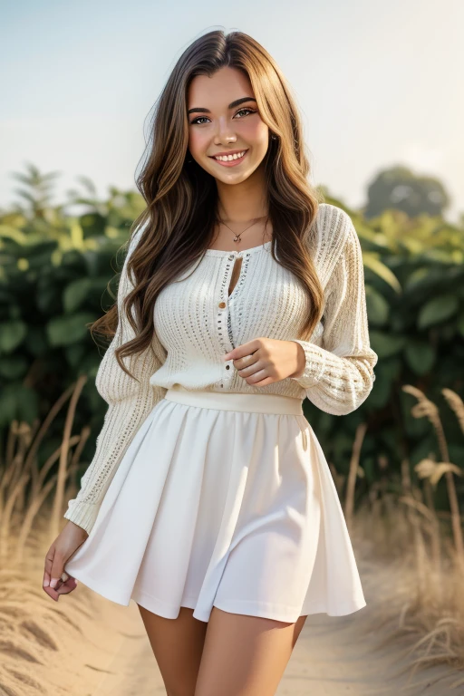 23 year old woman in a garden, huge bust, curvy, plump, cute blouse, pleated skirt, kind smile, flowing brown hair, soft lighting, green grass, delicate flowers, playful pose, bright colors, portrait,modern artistic style, big