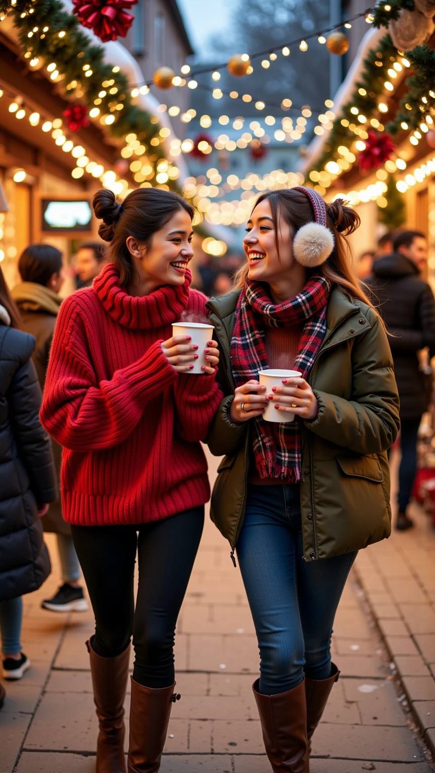 prompt: | Two lovely women walking through a festive winter market ...