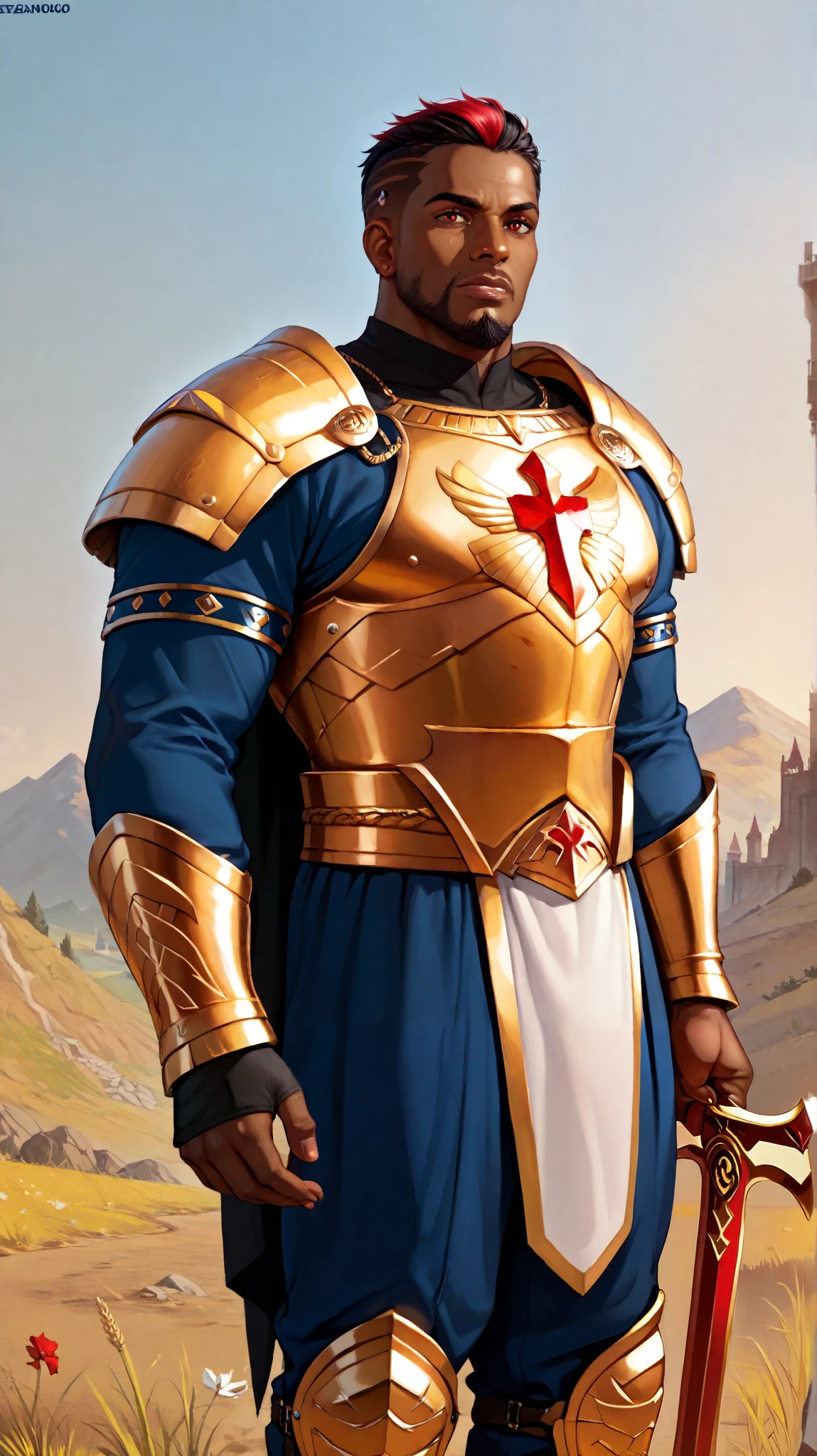 A man, (((solo))), (((Pre-Raphaelite painting))) tall and muscular man, young, black man, very dark skin, shaved hair, bald, (a paladin knight of African aesthetics, wears white tabard, wears a gold and silver armor, with printed fabrics and a cape, with a cross coat of arms, Catholic saint