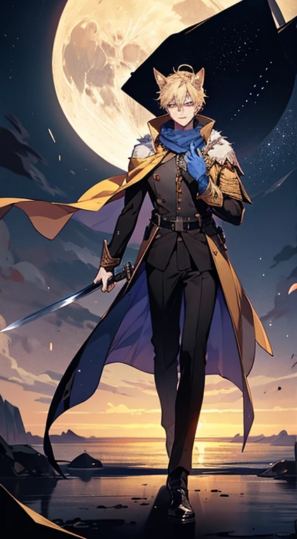 (ridiculous, high resolution, super detailed), 1 male, mature, masculine, tall muscles, handsome, fine eyes, intricate details, portrait, (bloody scar: 0.7), looking at the audience, solo, (full body: 0.6), detailed background, close-up, firm expression, dynamic pose, evil miracle costume, stars, floating particles, battle scene, atmospheric majesty, standing by the endless sea