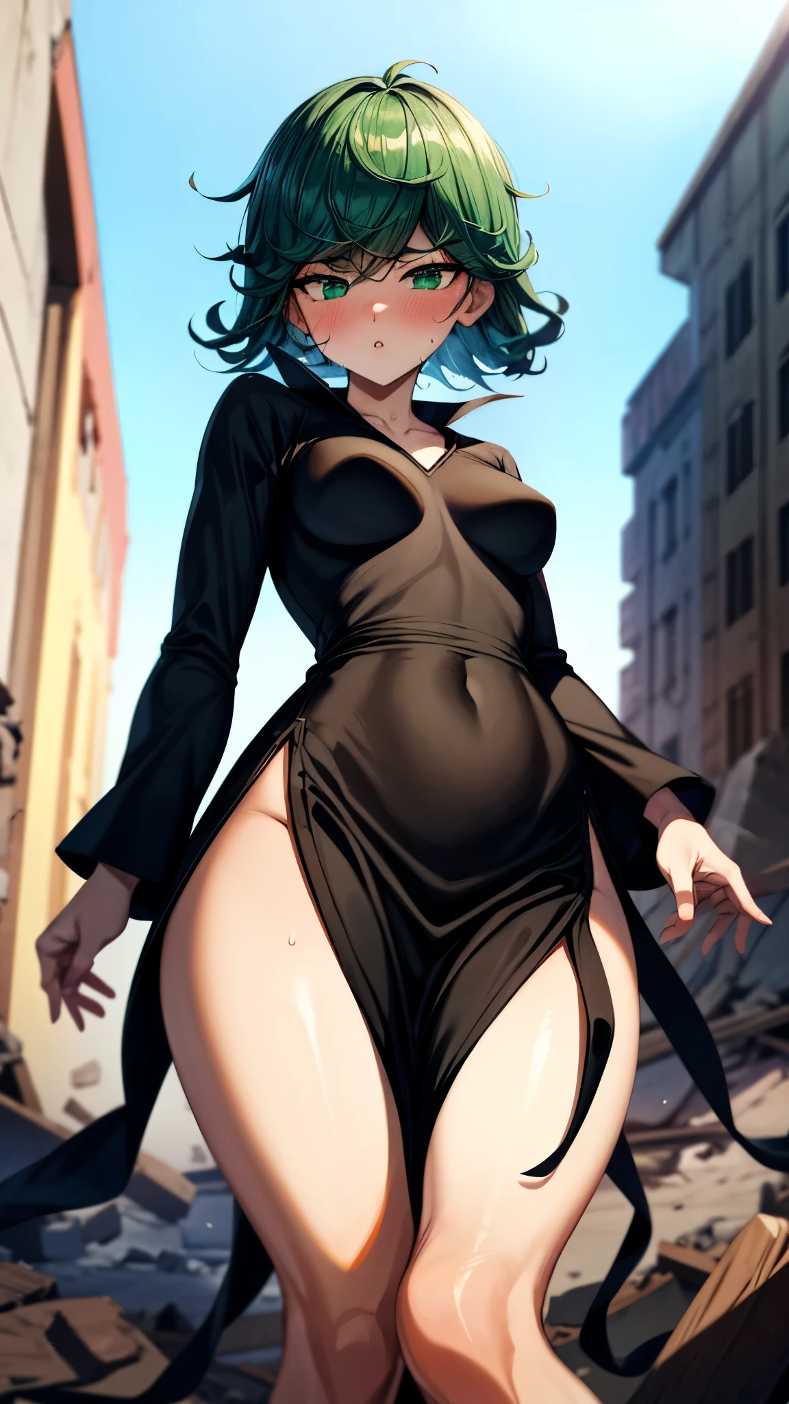 (high res, 8K, masterpiece, looking at viewer, best quality, very aesthetic, ultra detailed, ultra background, ultra Eyes) intricate details, 1girl, Tatsumaki, Long sleeved batik shirt, Black trousers, Black heels, green short hair, green eyes, Angry Face, Standing in front of the campus, Background Campus, Cinematic Angle