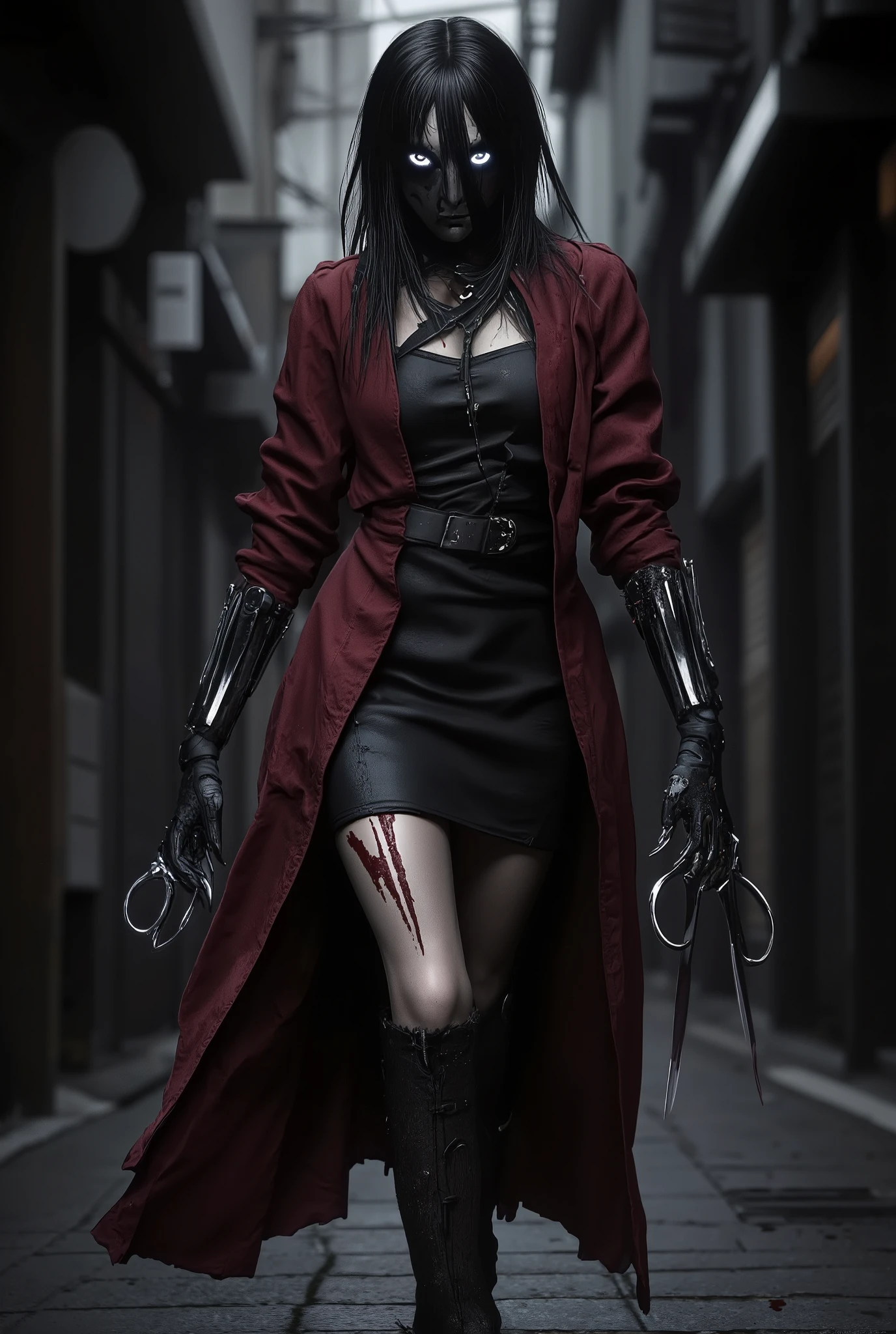 Full body image of a young woman with Japanese features . black hair, completely black eyes with ghostly pale gray irises , ominous look . Bocs covered by a black surgical mask . slender build . She wears a black dress that reveals her neck , Whose skirt reaches the knees . She also wears a dark red overcoat with black buttons that reach up to the knee... Her legs wear dark socks and black boots . In one of your hands, she has large scissors with blood on the ends . hair between the eyes, frown
The background is a dark alley in Japan , She walks menacingly