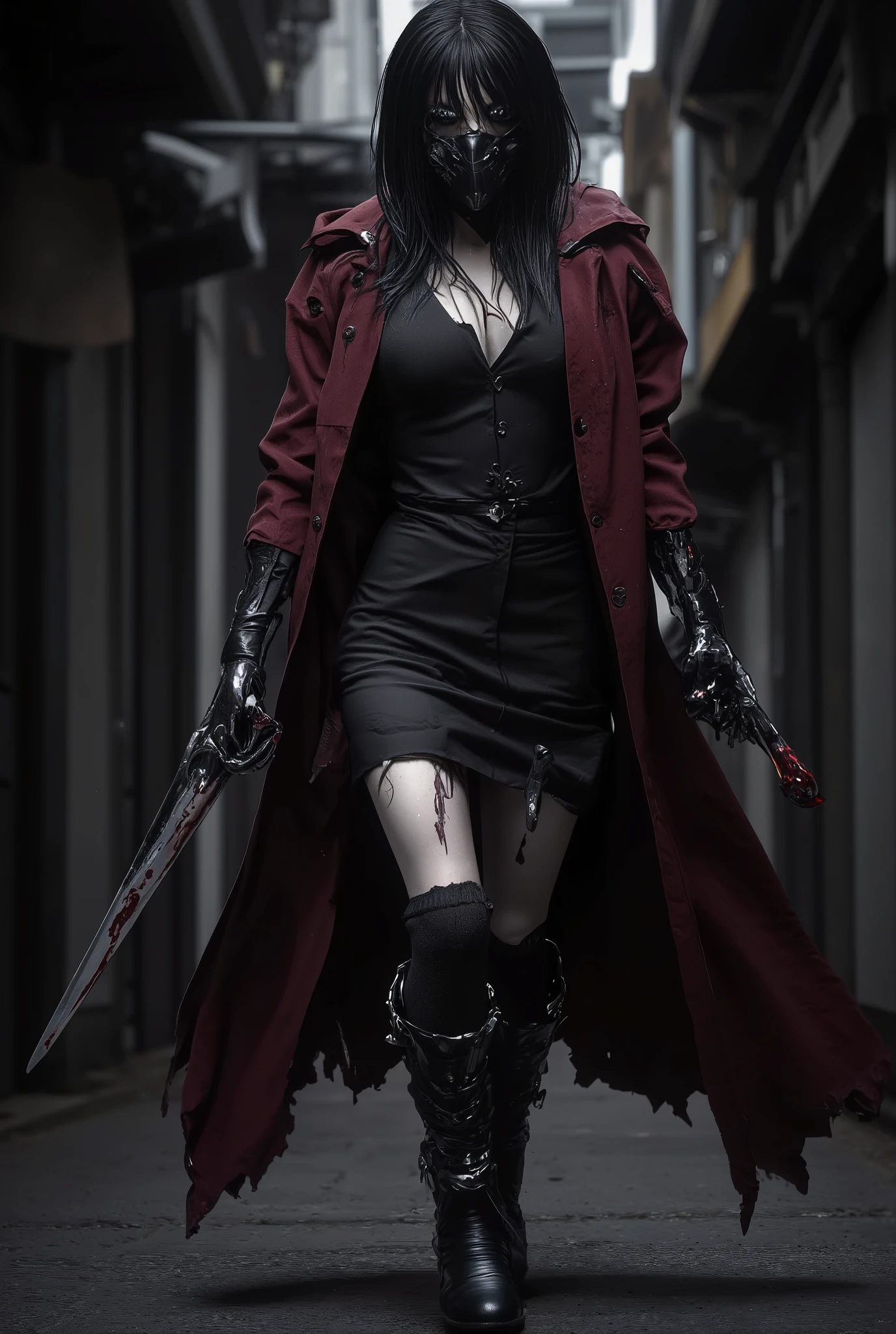 Full body image of a young woman with Japanese features . black hair, completely black eyes with ghostly pale gray irises , ominous look . Bocs covered by a black surgical mask . slender build . She wears a black dress that reveals her neck , Whose skirt reaches the knees . She also wears a dark red overcoat with black buttons that reach up to the knee... Her legs wear dark socks and black boots . In one of your hands, she has large scissors with blood on the ends . hair between the eyes, frown
The background is a dark alley in Japan , She walks menacingly