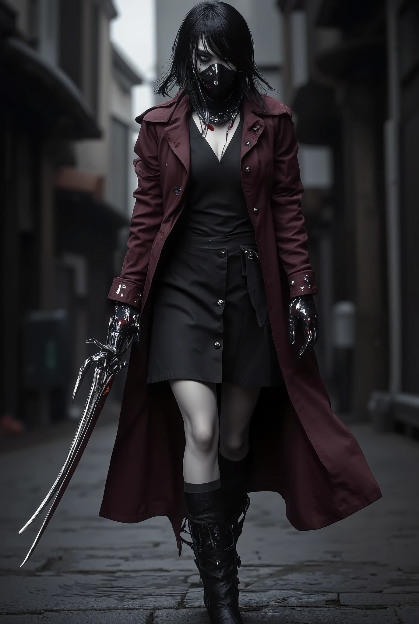 Full body image of a young woman with Japanese features . black hair, completely black eyes with ghostly pale gray irises , ominous look . Bocs covered by a black surgical mask . slender build . She wears a black dress that reveals her neck , Whose skirt reaches the knees . She also wears a dark red overcoat with black buttons that reach up to the knee... Her legs wear dark socks and black boots . In one of your hands, she has large scissors with blood on the ends . hair between the eyes, frown
The background is a dark alley in Japan , She walks menacingly