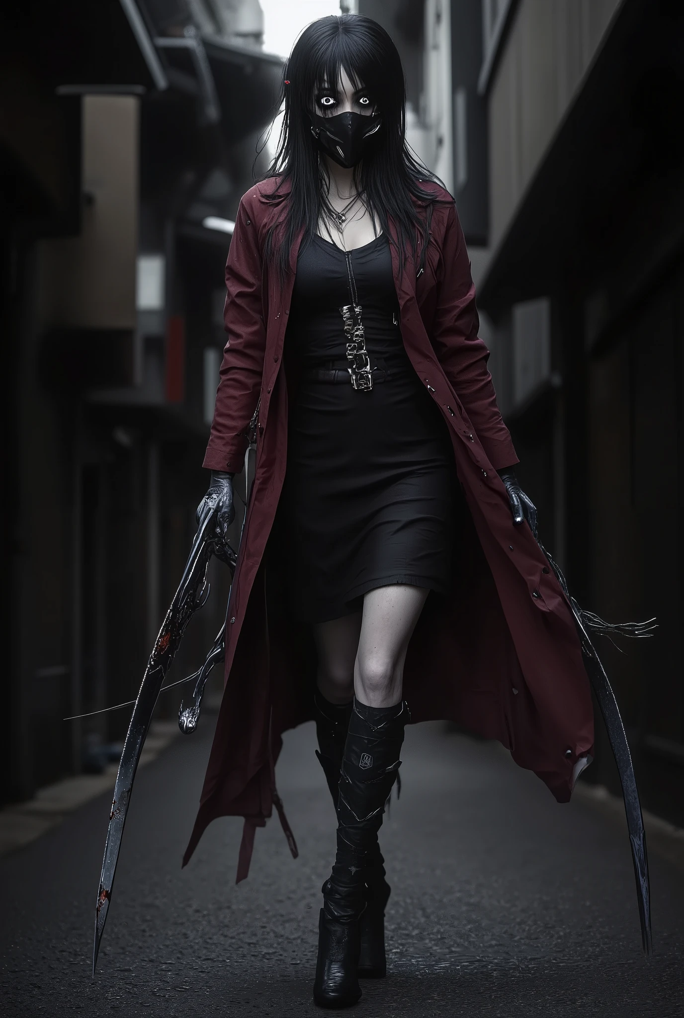 Full body image of a young woman with Japanese features . black hair, completely black eyes with ghostly pale gray irises , ominous look . Bocs covered by a black surgical mask . slender build . She wears a black dress that reveals her neck , Whose skirt reaches the knees . She also wears a dark red overcoat with black buttons that reach up to the knee... Her legs wear dark socks and black boots . In one of your hands, she has large scissors with blood on the ends . hair between the eyes, frown
The background is a dark alley in Japan , She walks menacingly