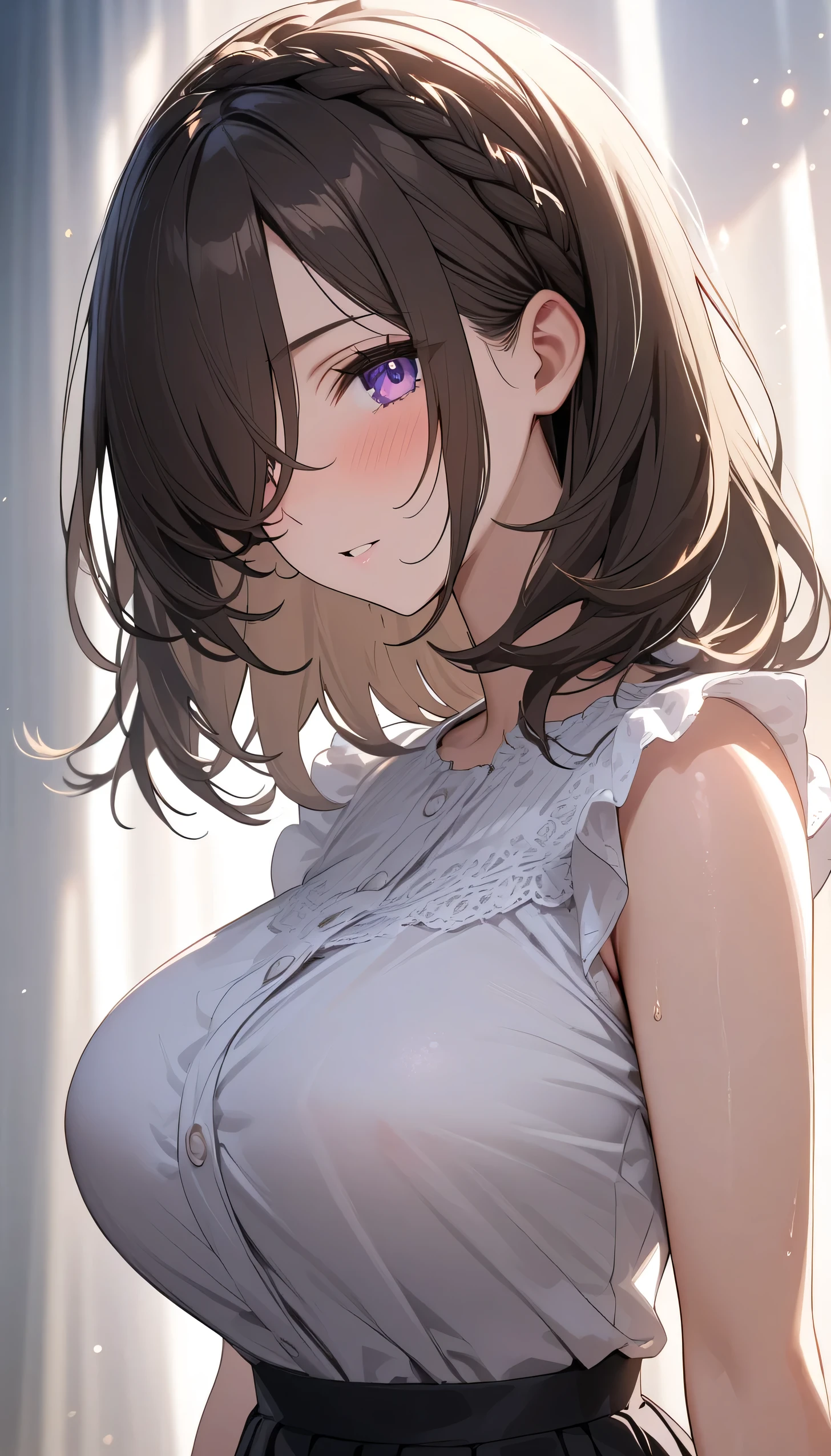 masterpiece, absurdres, best quality, ultra detailed, high Resolution, detailed illustration, bright colour, (extremely beautiful detailed face and eyes, Delicate beautiful face, 1 girl, cute face:1.3), (magenta eyes:1.1), sparkling eyes, big eyes, medium breasts, (perky breasts:1.1), (pointy breasts:1.1), medium hips, glamorous body, white skin, BREAK, long bob cut, (blonde hair:0.8), messy hair, detailed hair, shiny hair, BREAK (undressed, Oversized shirt, Panties:1.3), perfect lighting, (embarrassed:1.3), (ecstasy, vulgarity:1.5), (trembling:0.8), (Twister Game:1.3), full body,