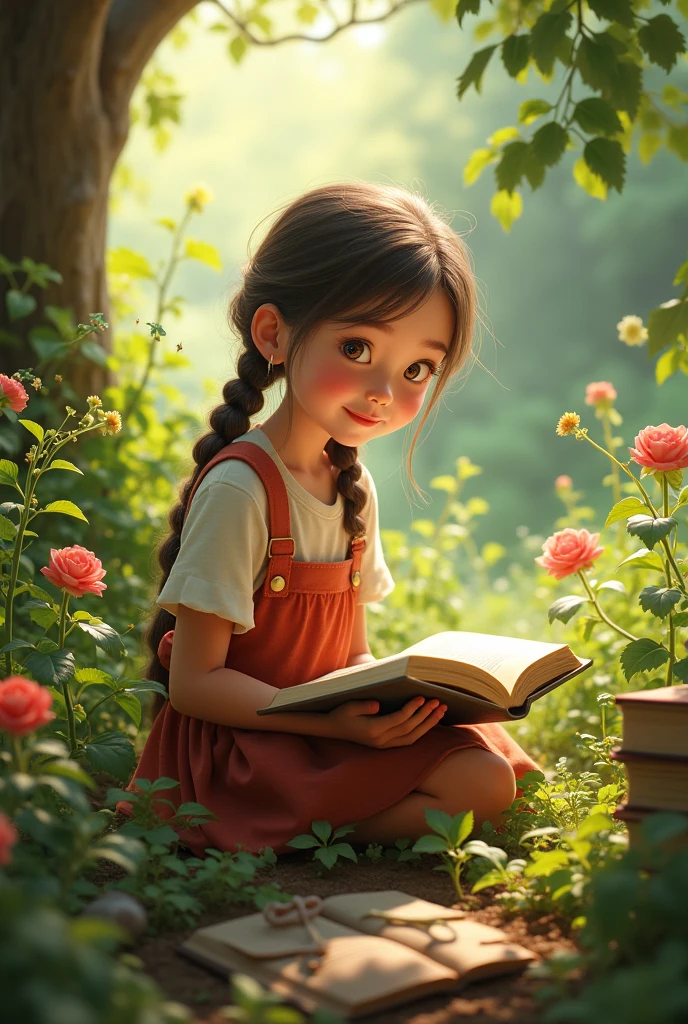 Create an image of a girl sitting reading a book