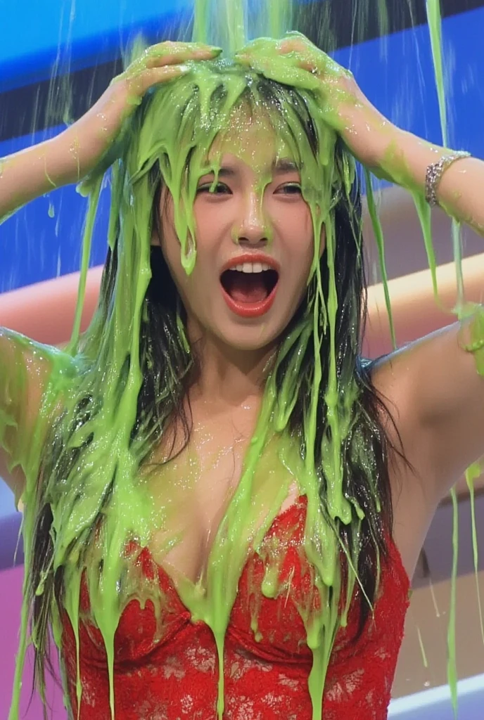 8k, hd, masterpiece, hyper realistic, sharp focus, extreme realism, photo realistic, (Asian tennis player moaning in pain: 1.9), Korean woman, sports bra and skirt, (crowded tennis court: 1.9), crowded court, cleavage, beautiful face, delicate eyes, (wet slime dripping down head: 1.5), wet slime dripping down body