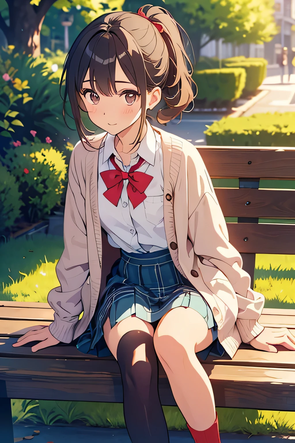 1 girl, brown eyes, short brown hair, school uniform, sit and relax on the city park, cute smile face