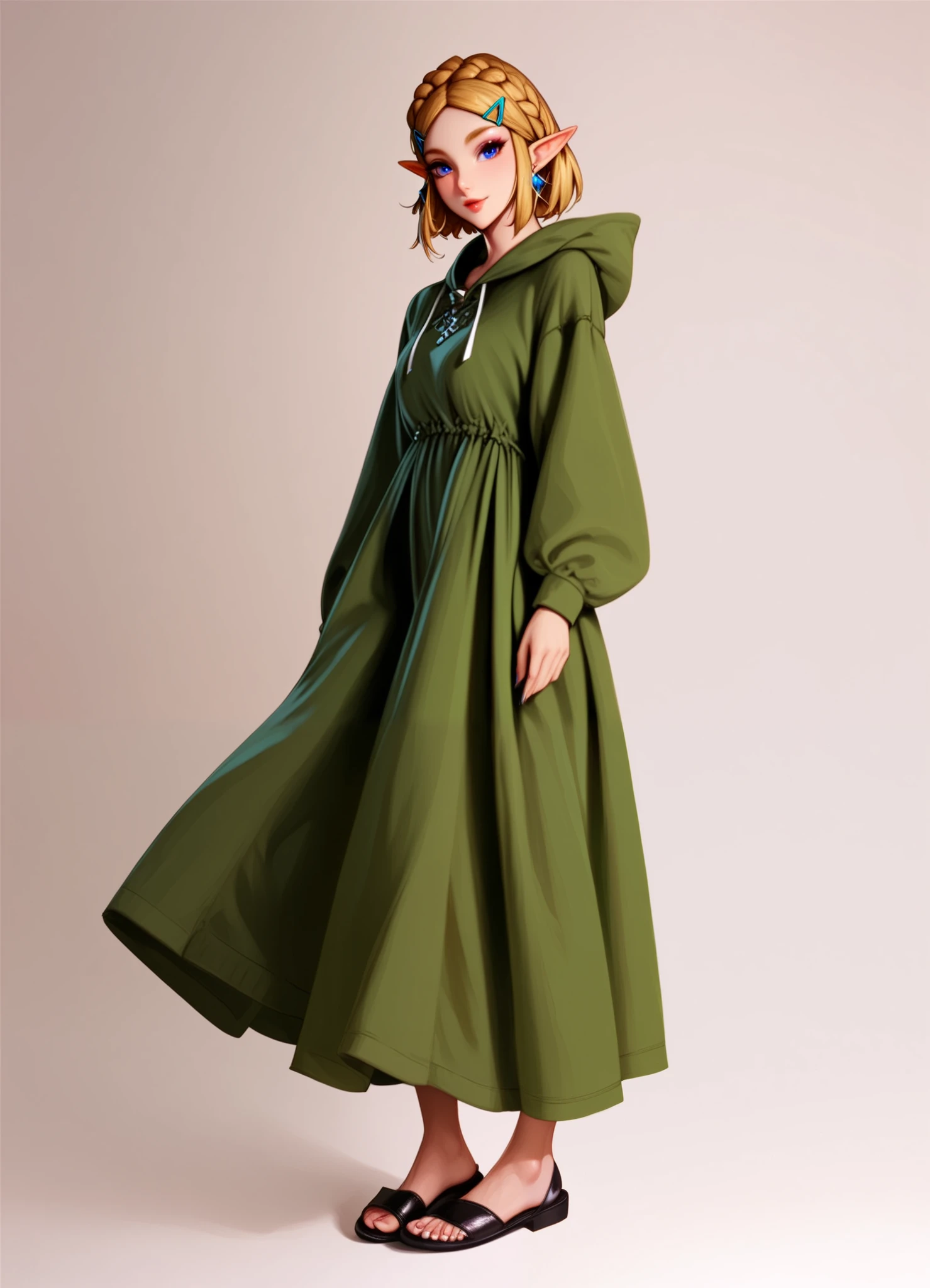 1girl,solo, burqa dress, hood,green dress,long dress, long sleeves, princess_zelda