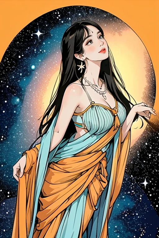 (High resolution, Best Quality, masterpiece, 8k), A beautiful and cute woman, height:165cm, Large Breasts, White lace half dress, Off the shoulder, Sleeveless, Blue glowing black hair, blue eyes, Healthy Skin, Captivating look, (Perfect skin texture), necklace, Earrings, My hair flutters in the wind, (Datura stramonium,  Intertwined,Tangled, Entanglement), flash, bright, Mysterious, Vibrant colors, Look at me and smile, Walking barefoot on the beach,  look at me and smile、Starry Sky, sunset, milky way, nebula, Detailed illustration art, Detailed CG, 