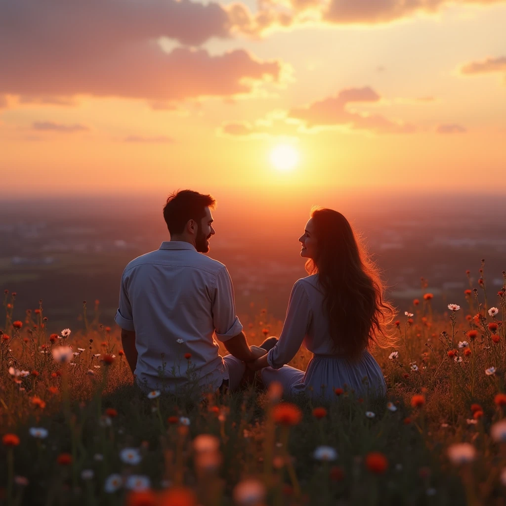 "A couple sitting on a hill at sunset, holding hands and looking at the ...