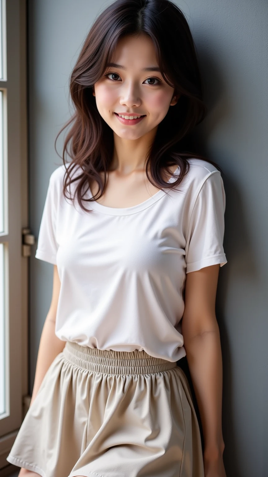((Highest quality, 8K, Ultra high definition)), ((masterpiece: 1.3)), (Perfect appearance), (Photorealism: 1.6), (AIF), (Portrait of a Japanese mature woman), (Japanese mature woman standing at the door), (Blurred Background: 1.8), ((A naked woman standing in the center of the screen)), ((Realistic skin texture)), (Fine lines all over the skin), (Dull skin), (Facial wrinkles), (Wrinkles around the eyes), double eyelid, Tear bags under the eyelids, (Short bangs), (Long Hair), (Disheveled Hair), (Slim body), (Small breasts, Flat Chest), (Small breasts), (T-shirt that fits the body: 1.4), (Bukkini Jeans), (Focus on the upper body),