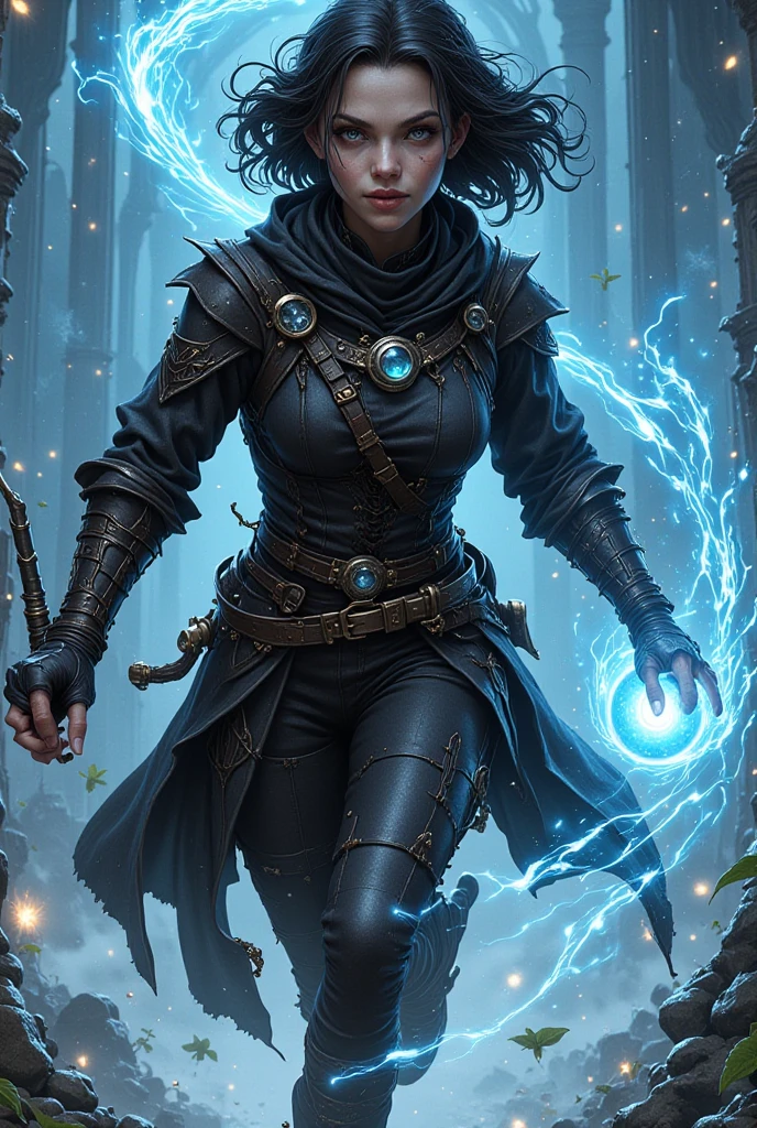 A young woman with sgort black hair and bright blue eyes, wearing black and grey healer robes and running into battle wielding a tome in her left hand and a wand in her right hand. blue healing magic swirls around her. Healing orbs flow from her wand toward her allies. Fully clothed. 