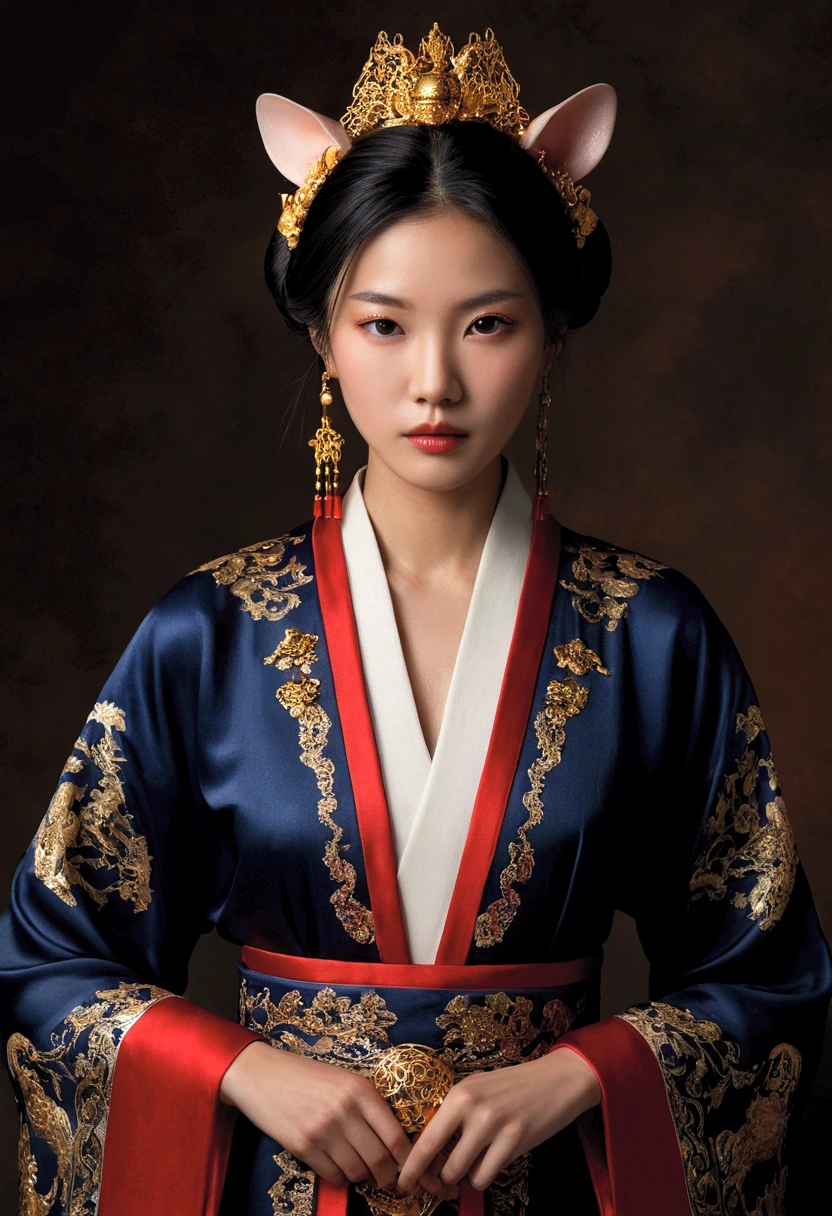 A hyper-realistic, breathtaking portrait of a Chinese Zodiac Goddess representing the Rat. The goddess exudes elegance, wisdom, and charm, with flawless porcelain skin and a serene, noble expression. Her almond-shaped eyes glimmer with intelligence, and her black, silky hair flows gracefully, partially adorned with a golden headdress shaped like delicate rat ears and whiskers, encrusted with tiny gemstones. She wears an exquisite hanfu-style robe, meticulously detailed with sharp, clean lines, divided into four dominant colors: deep crimson, gold, ivory white, and midnight blue. The robe features embroidered patterns of stylized rats intertwined with intricate Chinese motifs, symbolizing prosperity and adaptability. Her posture is regal, with one hand delicately raised, holding a glowing golden orb that radiates subtle, soft light. The background is minimal yet powerful, featuring a gradient of midnight blue transitioning into deep crimson at the base, with faint golden celestial patterns, including stars and a glowing crescent moon. The overall composition emphasizes precise, well-defined borders between elements, ideal for creating a 3D printed model in four colors. Every detail, from her intricate jewelry to the subtle texture of her garments, is crafted to feel both divine and visually striking, while maintaining a clean and elegant aesthetic for a modern yet timeless appeal.