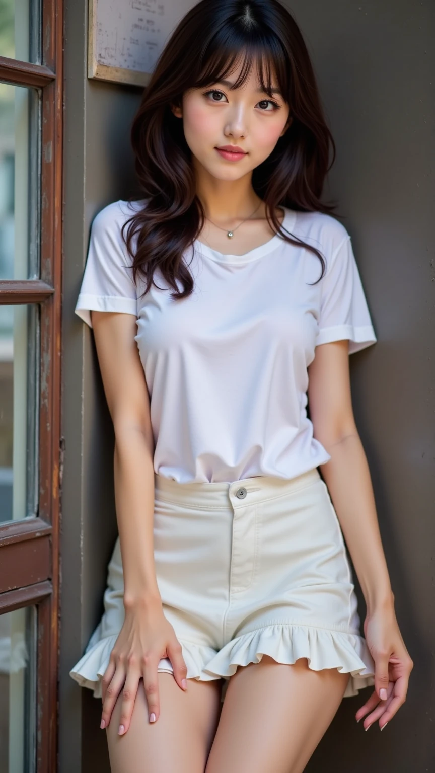 prompt: | A confident short 18-year-old woman in a simple **white T