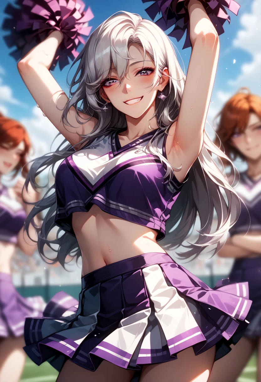 (Masterpiece), best quality, highest quality, highly detailed CG unity 8k wallpaper, original, high resolution, (depth of field: 1.5), fidelity: 1.3, 1girl, solo focus,  long hair, purple eyes, white hair, smirk, sexy, dark circles under eyes, cheerleader outfit, pom-poms, purple outfit, crop top, cheering, blush, cheering, arms above head, skirt lifted