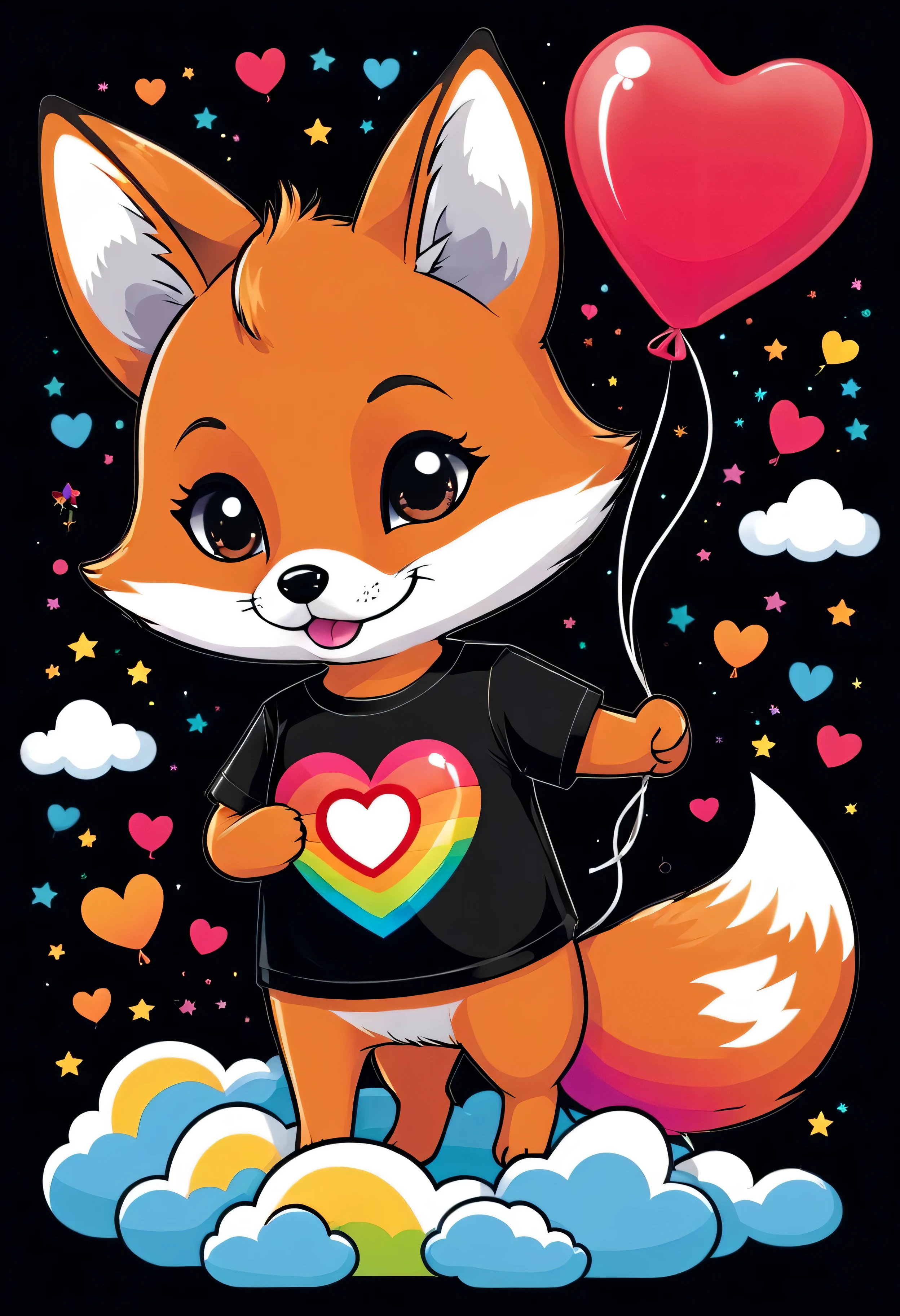 A black t-shirt with a kawaii fox holding a heart-shaped balloon. The text reads: "IT'S MY 7TH BIRTHDAY", with clouds and rainbows around it.