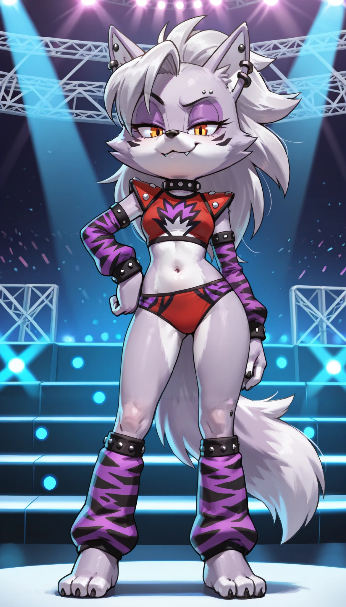 Solo:1.2, by hyattlen, By fumiko, Fnafroxanne, FNAF, Roxanne Wolf, white hair, female wolf, feminine, tall slender body, green bangs, posing dramatically, hands on waist,  on a stage, concert stage, concert lights, barefoot, fishnet stockings, (toe ring):1.2, black toe claws, winking, yellow eyes,