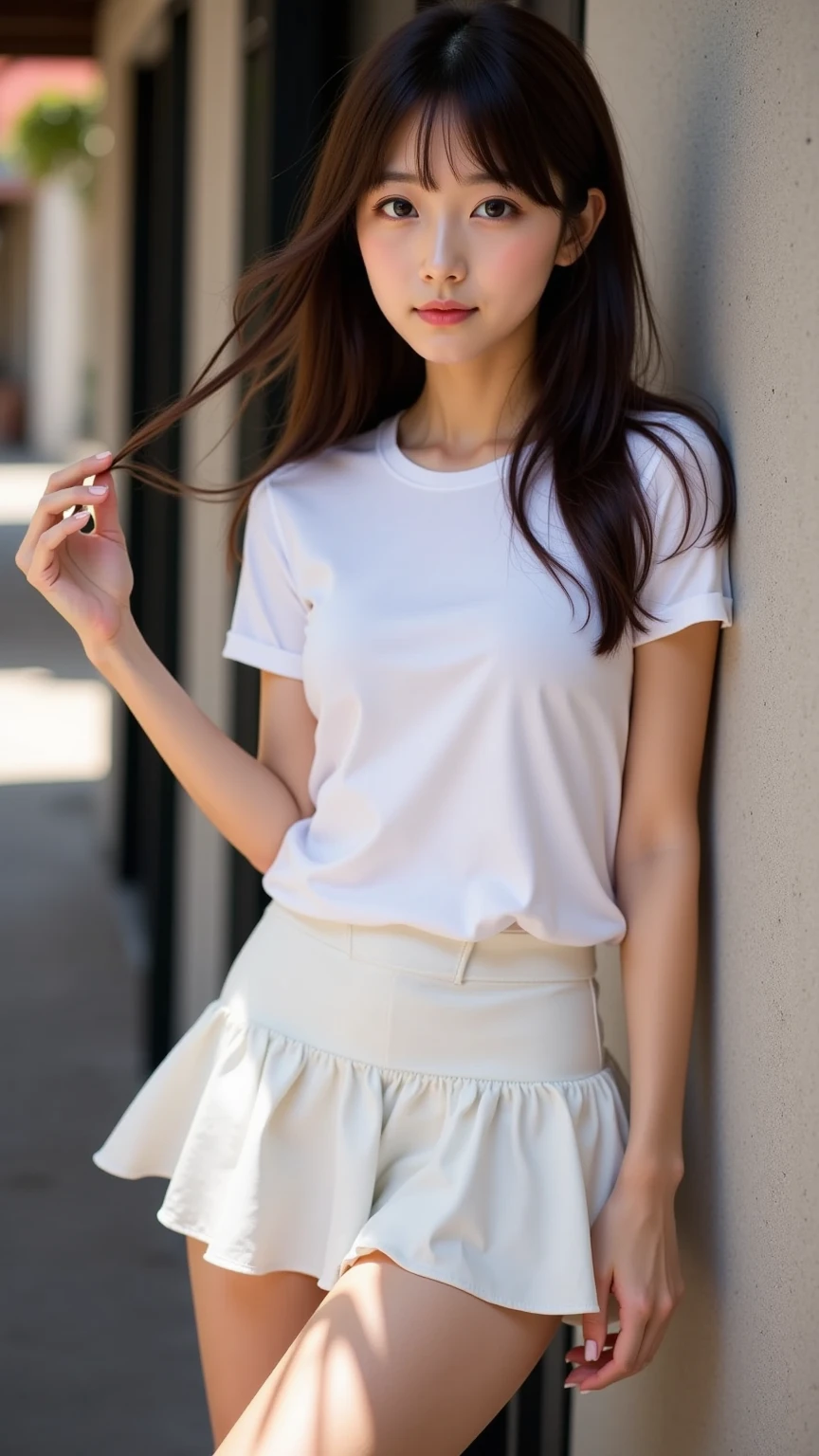 A perfect young female, over size t-shirt and shorts, RAW photo, CG rendering, Blurred background, deep shadow, 16K, bokered, Very detailed, wallpaper, depth of field, movie light, Ray tracing