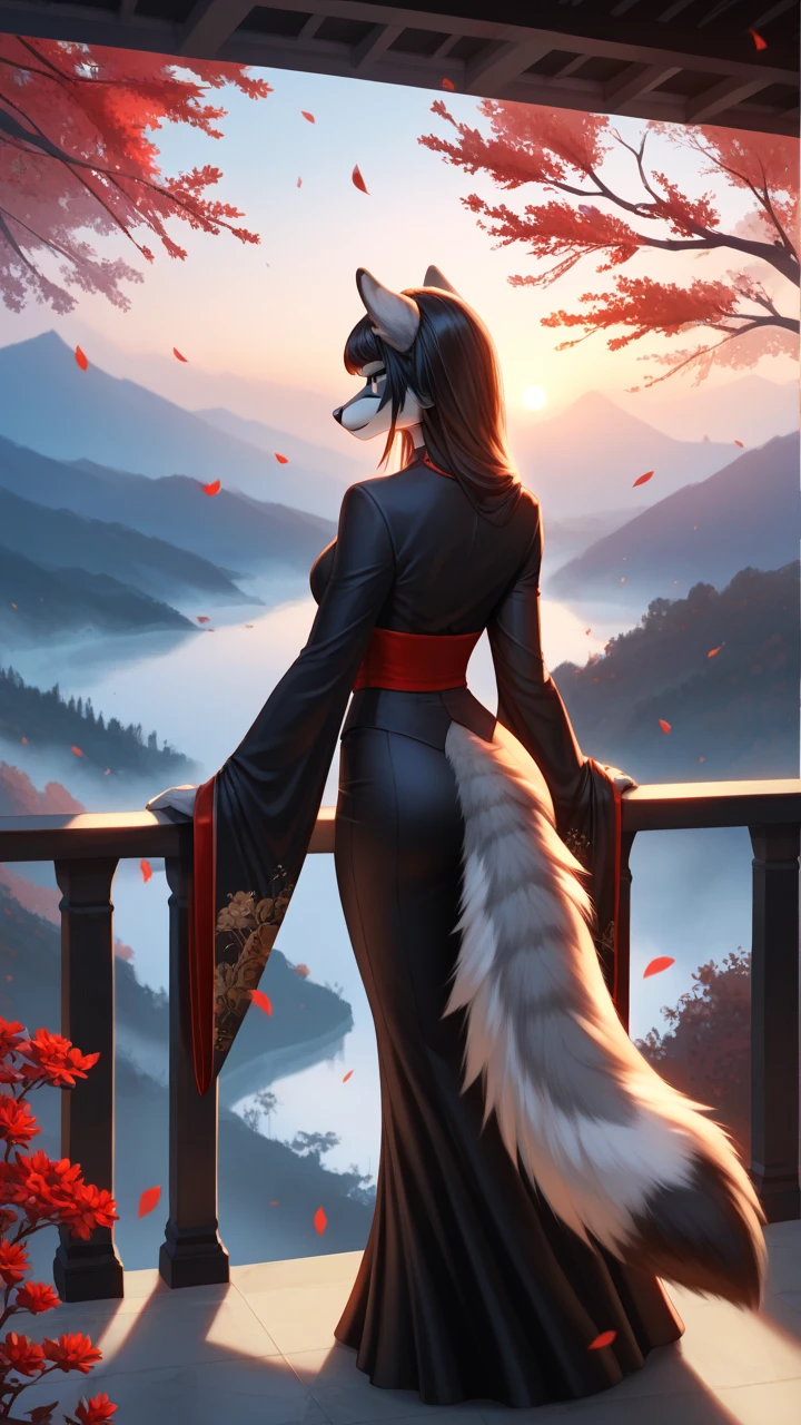 Masterpiece Best quality, the best definition to add aesthetic and lighting details, dark kitsune, Black girl jackal, teen girl, ,black body, japanese shrine landscape mt fujisan al fondo add_detail, golden tattoo body, sensual eyes, yellow pupil, glowing eyes, back pose, vista desde atras,tiene una cola peluda desde la base del coccis add_detail, mira sobre de su ombro, samuray armor