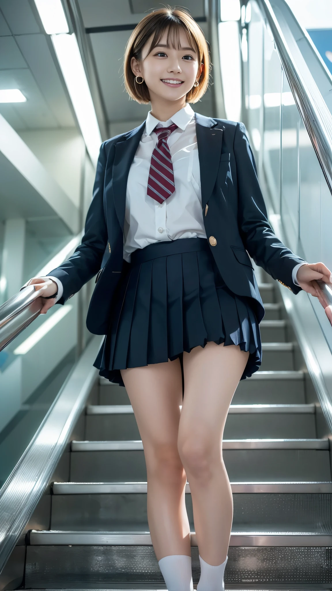 Great quality、8k、flying debris、(RAW Photos:1.4)、High resolution、((Composition away from the subject))、((Full body photo from face to ankles))、((Perfect Anatomy))、1 female 14 years old、Small stature、Detailed skin、Glowing Skin、Baby Face、double eyelid、eyes with long eyelashes、Small face、smile、Open your mouth、ponytail、Staring out the window in the school hallway、Stretch your back、The windows provide natural light、Realistic school scenery、middle School girl、Blue and grey school bag on shoulder、Slender and delicate body、Small breasts、A blazer uniform with green lines、girl 、Check skirt、healthy、young woman、black tights、black tights、Black knee-high socks、White sneakers、Full Body Shot、Beautiful Hairstyles、Accentuates very slim legs