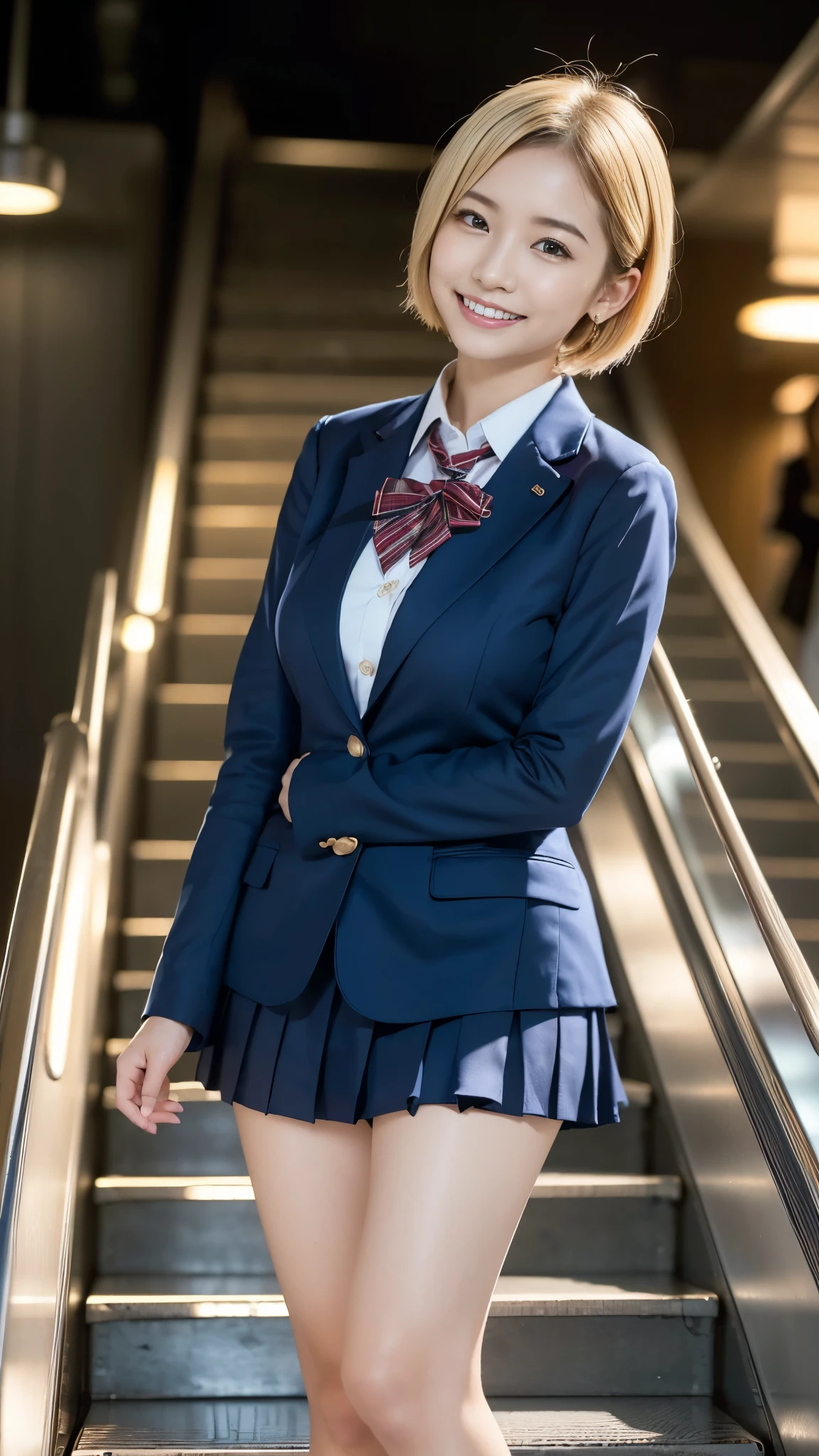  top quality,masterpiece, Ultra High Resolution, high-definition RAW color photo, professional photography, natural skin texture , fine skin, hyperrealism, smiles,(Blonde shortcut hair ,Blonde gal,Earrings),gigantic breast,(( high school girl uniform , white cutter shirt, blazer,right blueチェック柄プリーツミニスカート)),(( escalatorの上から見下ろす)),( escalator,from below)