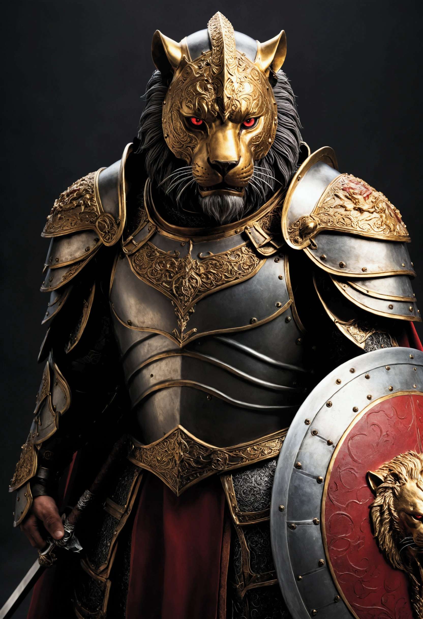 A hyper-realistic, awe-inspiring depiction of an epic medieval warrior, standing in a commanding pose, radiating strength and honor. The warrior is clad in meticulously detailed armor that balances elegance with brutality, featuring sharp, clean edges and a clear separation of four dominant colors: steel gray, crimson red, deep gold, and matte black. His face, partially visible beneath a battle-worn yet ornate helmet, displays a stoic expression, with piercing eyes that seem to tell stories of countless battles. The helmet is adorned with a crest of crimson and gold, shaped like a roaring lion, symbolizing courage and leadership. The armor itself is an intricate masterpiece, with etched patterns of swords, shields, and mythical beasts on the chestplate and pauldrons. Each piece reflects hyper-realistic textures, from the polished steel surface to the faint scratches of battle. His gauntlets are adorned with golden accents, gripping a massive broadsword engraved with glowing ancient runes. In his other hand, he wields a large, round shield with a bold, defined crest in crimson and gold. The cape flows behind him in dramatic motion, textured with soft gradients between crimson and black, adding to his imposing silhouette. The background is a dynamic yet minimal battlefield scene, featuring a smoky crimson horizon fading into black, with golden light breaking through the chaos, symbolizing triumph. The entire composition emphasizes precise detail and sharp color boundaries, making it ideal for 3D printing in four colors while showcasing a powerful, hyper-realistic warrior with undeniable viral appeal.