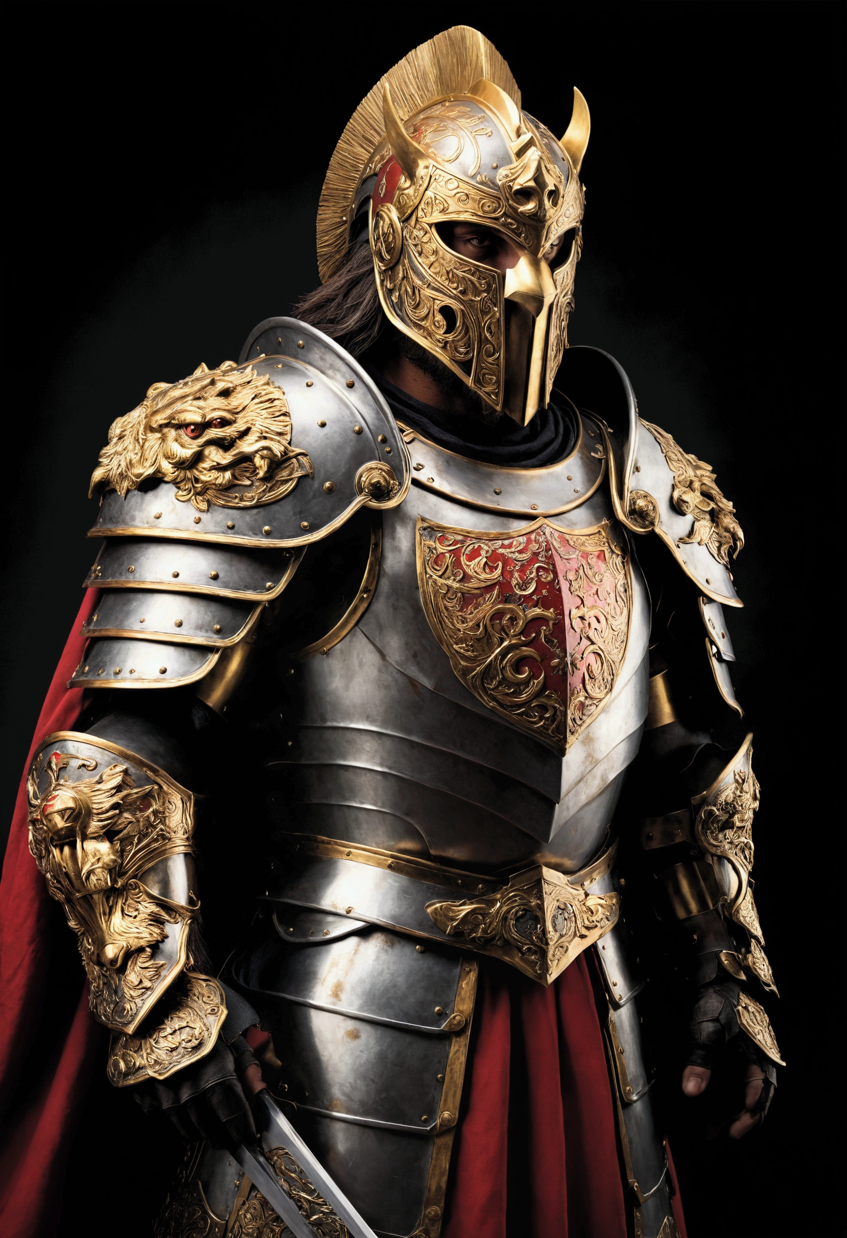 A hyper-realistic, awe-inspiring depiction of an epic medieval warrior, standing in a commanding pose, radiating strength and honor. The warrior is clad in meticulously detailed armor that balances elegance with brutality, featuring sharp, clean edges and a clear separation of four dominant colors: steel gray, crimson red, deep gold, and matte black. His face, partially visible beneath a battle-worn yet ornate helmet, displays a stoic expression, with piercing eyes that seem to tell stories of countless battles. The helmet is adorned with a crest of crimson and gold, shaped like a roaring lion, symbolizing courage and leadership. The armor itself is an intricate masterpiece, with etched patterns of swords, shields, and mythical beasts on the chestplate and pauldrons. Each piece reflects hyper-realistic textures, from the polished steel surface to the faint scratches of battle. His gauntlets are adorned with golden accents, gripping a massive broadsword engraved with glowing ancient runes. In his other hand, he wields a large, round shield with a bold, defined crest in crimson and gold. The cape flows behind him in dramatic motion, textured with soft gradients between crimson and black, adding to his imposing silhouette. The background is a dynamic yet minimal battlefield scene, featuring a smoky crimson horizon fading into black, with golden light breaking through the chaos, symbolizing triumph. The entire composition emphasizes precise detail and sharp color boundaries, making it ideal for 3D printing in four colors while showcasing a powerful, hyper-realistic warrior with undeniable viral appeal.