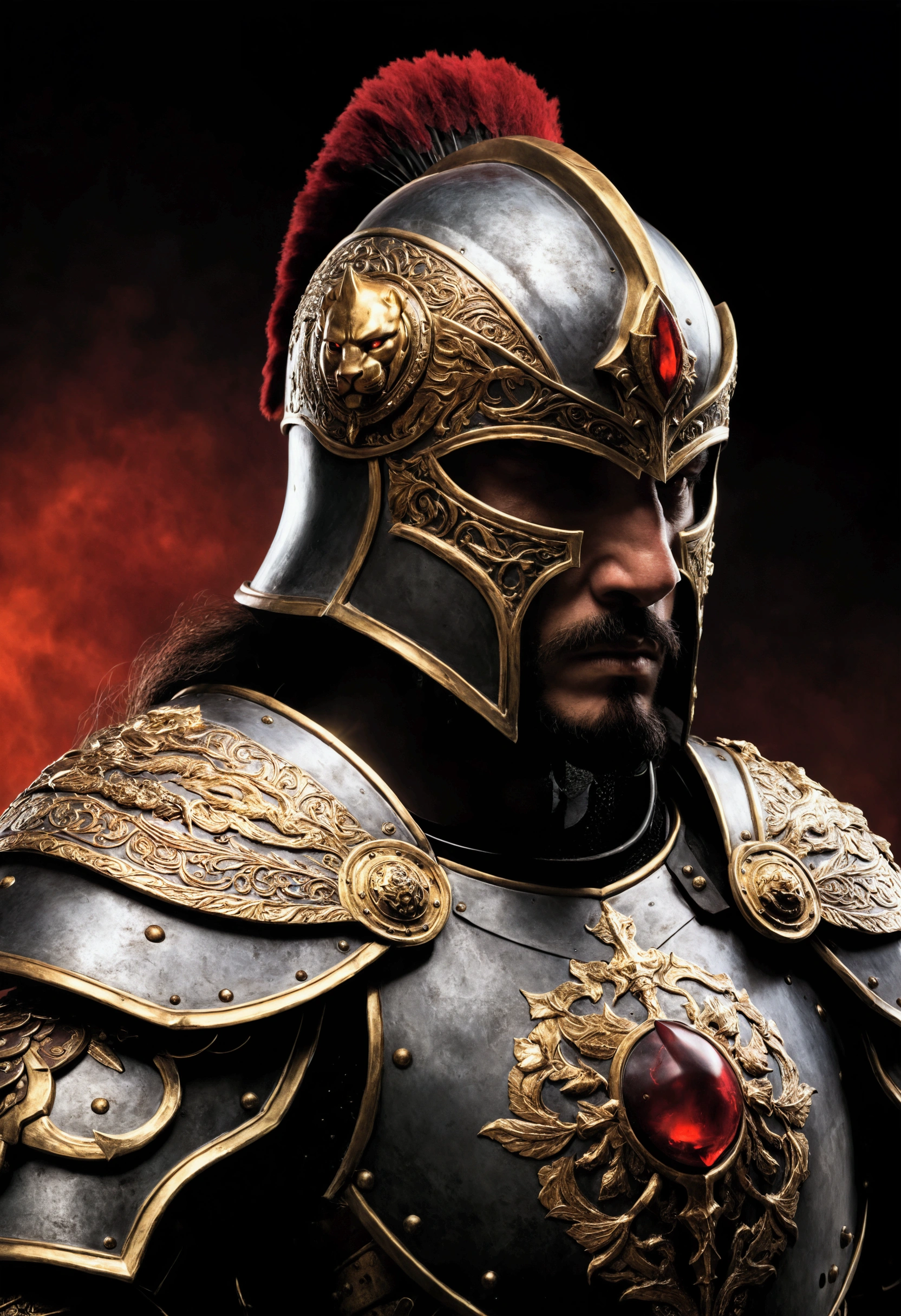 A hyper-realistic, awe-inspiring depiction of an epic medieval warrior, standing in a commanding pose, radiating strength and honor. The warrior is clad in meticulously detailed armor that balances elegance with brutality, featuring sharp, clean edges and a clear separation of four dominant colors: steel gray, crimson red, deep gold, and matte black. His face, partially visible beneath a battle-worn yet ornate helmet, displays a stoic expression, with piercing eyes that seem to tell stories of countless battles. The helmet is adorned with a crest of crimson and gold, shaped like a roaring lion, symbolizing courage and leadership. The armor itself is an intricate masterpiece, with etched patterns of swords, shields, and mythical beasts on the chestplate and pauldrons. Each piece reflects hyper-realistic textures, from the polished steel surface to the faint scratches of battle. His gauntlets are adorned with golden accents, gripping a massive broadsword engraved with glowing ancient runes. In his other hand, he wields a large, round shield with a bold, defined crest in crimson and gold. The cape flows behind him in dramatic motion, textured with soft gradients between crimson and black, adding to his imposing silhouette. The background is a dynamic yet minimal battlefield scene, featuring a smoky crimson horizon fading into black, with golden light breaking through the chaos, symbolizing triumph. The entire composition emphasizes precise detail and sharp color boundaries, making it ideal for 3D printing in four colors while showcasing a powerful, hyper-realistic warrior with undeniable viral appeal.