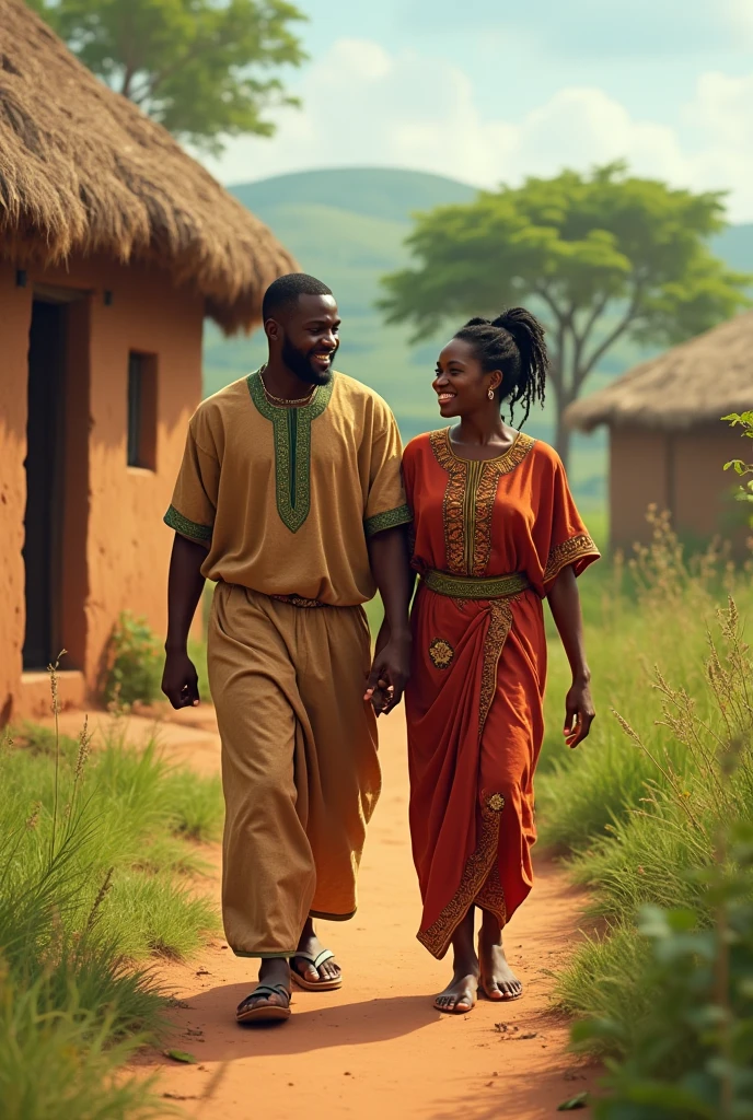 best quality,highres,ultra-detailed,african man,beautiful woman,walking,romantic,hand in hand,couple,stunning landscape,greenery,serene atmosphere,soft sunlight,traditional clothing, vibrant colors,joyful mood,traditional african patterns,detailed facial features,natural textures,authentic representation,emotional connection,marvelous artwork,pastoral setting,harmonious composition,realistic scenery,rich cultural heritage
