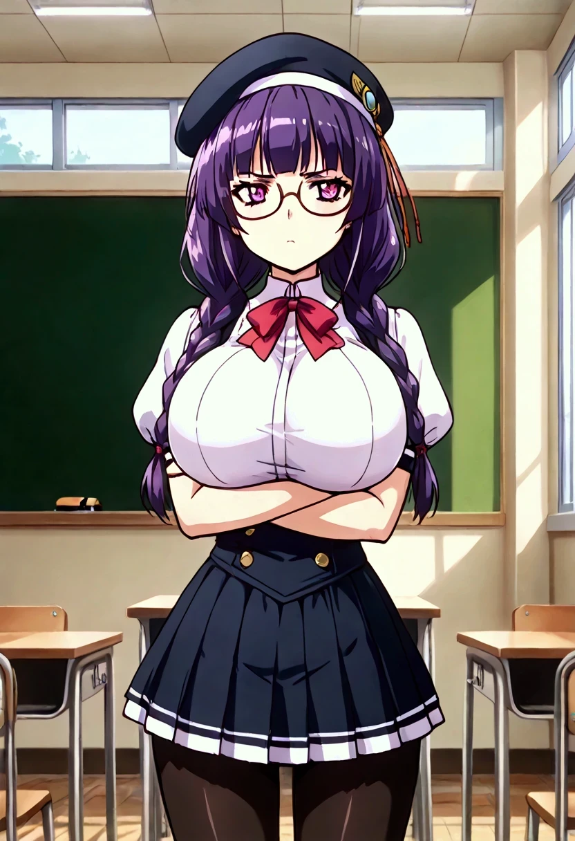 4K resolution , masterpiece, absurdo, highly detailed, highres, high quality, envelopes, score_9, score_8_above, score_7_above, score_6_above, animated_ source , source _animated, animated coloring, High resolution, detailed face , envelopes, ultra-detailed eyes , Retrato de High resolution, sharp detail, subtle redness, vivid eyes with subtle reflections, masterpiece, source _animated, animated style, Cowboy Shot , rare sight,
BREAK,
1 girl, Alone , Alone focus, looking at the spectator, purple hair , twin braids, Ojos rojos, huge breasts, sexy, curvilinear , volabovetuous, Black Beret, glasses, red bow, school uniform , shirt, puffed sleeves, short sleeves , pleated skirt, skirt, black pantyhose , white blouse, white sleeves, thinking, con los arms crossed, arms crossed, relaxed posture, presumed, Standing,
BREAK,
inner, classroom, windows, daytime, day, natural lighting ,