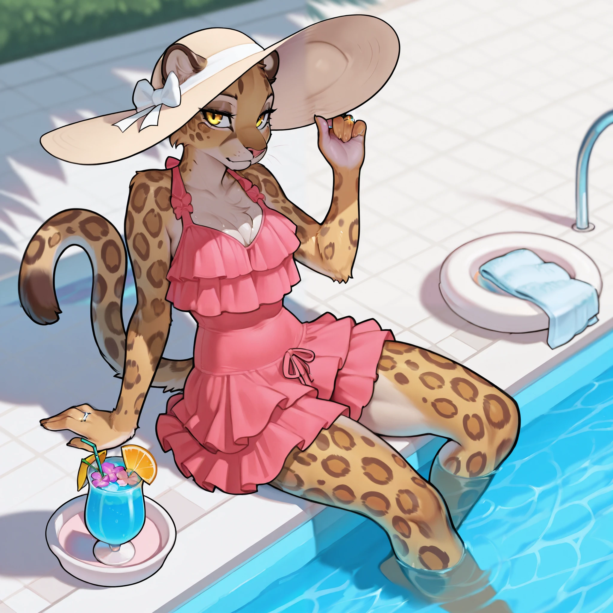 Furry spotted panther, woman, feminine, spotted panther, lounging, outside, sun hat, ruffle bathing suit, yellow eyes, solo, drink, pool side, wedding ring.