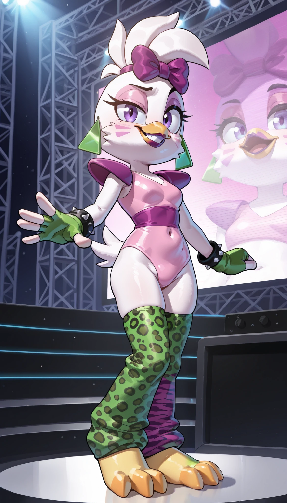 [glamrockchica], [FNAF:_Security_Breach], [Uploaded to e621.net; (Foxovh), (Pixelsketcher), (mayosplash], ((masterpiece)), ((solo portrait)), ((back view)), ((furry; anthro chicken girl)), ((detailed feathers)), ((raytracing)), ((detailed shading)), ((beautiful render art)), {anthro chicken; white feathers, (orange talon feet), (yellow beak), purple eyes, black pupils, (tied-up hair with pink bow), (excited smile), (mouth open), small boobs, (beautiful legs), (camel toe)}, {(pink leotard), (green fingerless gloves), (green latex tiger-striped bracers), (green legwear), (two different color legwear on each leg)}, {(on knees), (hands on head), (legs spread open), (looking back)}, [background; (dance studio), (bright lights)]