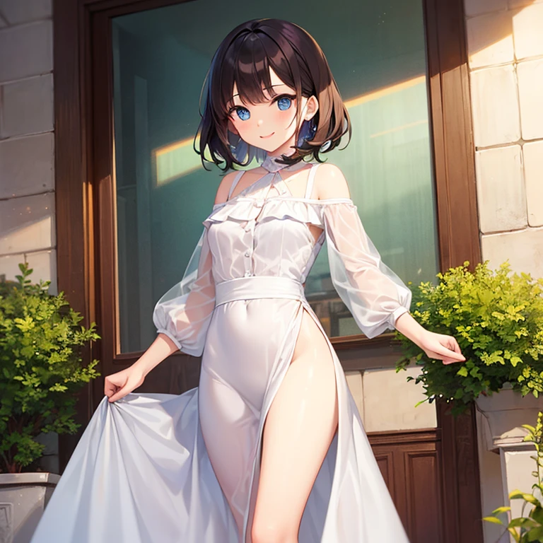 full body shot of an beautiful woman with beautiful face, short bixie cut, brown color hair,brown eyes, wearing beige hot pants and white bustier, she is standing in front of modern home, natural lighting, shot on Sony Alpha A7 III , photo made by Annie Leibovitz