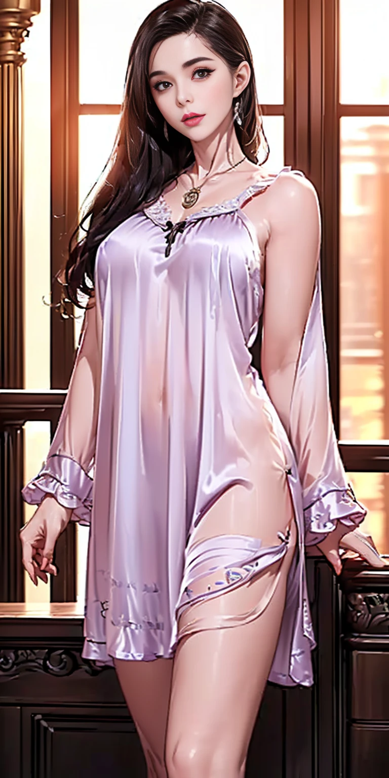 (best quality, highres, ultra-detailed, realistic:1.2), portraits, sharp focus, vivid colors, studio lighting, (beautiful detailed eyes, beautiful detailed lips, extremely detailed eyes and face, long eyelashes), 1 girl, (plano americano:1.1), (cuerpo perfecto:1.1), (18yr old:1.1), (Sleeping girl:1.1), (Wear a very short transparent nightgown:1.1), (no lleva pijama rosa:0.9), (sin ropa interior:0.9), (brown light hair:0.9), (pose jack O:0.9)