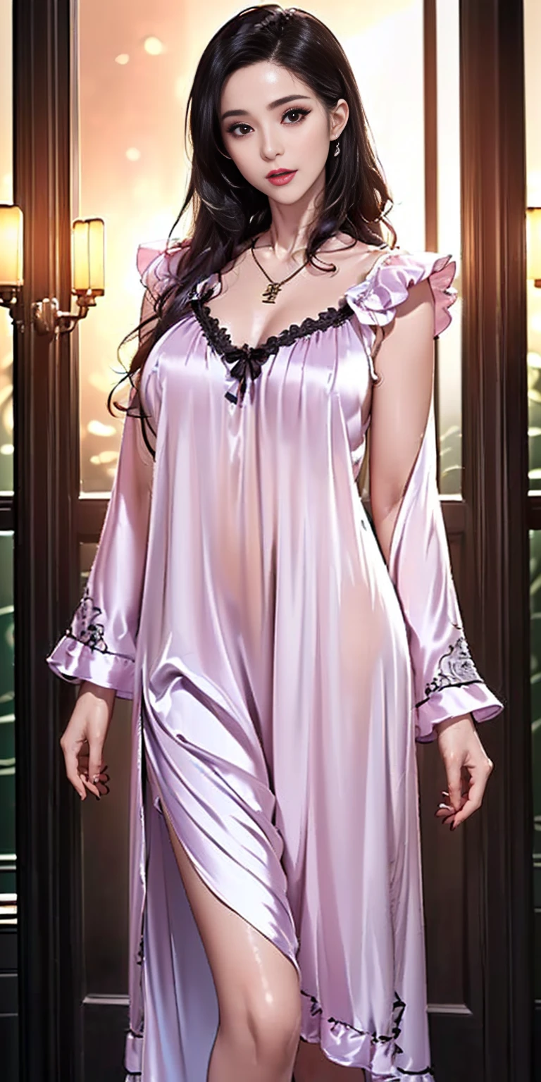 1girl, solo, long hair,big breasts,ruby red hair, thighighly detailed face, detailed face, perfect proportions, well-proportioned body of six heads, huge breasts, thin waist, navel, big butt , crotch gap, large thighs, jewelry, sitting, high socks, lips, hand on hip, thigh boots, chair, crossed legs, realistic, thick super long dramatic eyelashes, neon purple eye makeup that runs from her eyelid up to her temple, wearing a big swarovski necklace, blue winged eyeliner, thick super long glitter lashes, shimmering metallic lipstick, shiny glossy lipstick and smokey eyes, wearing (Shyle Pink Lace With Contrast Glitter Mesh Open-front Babydoll with attached thong and pantyhose)