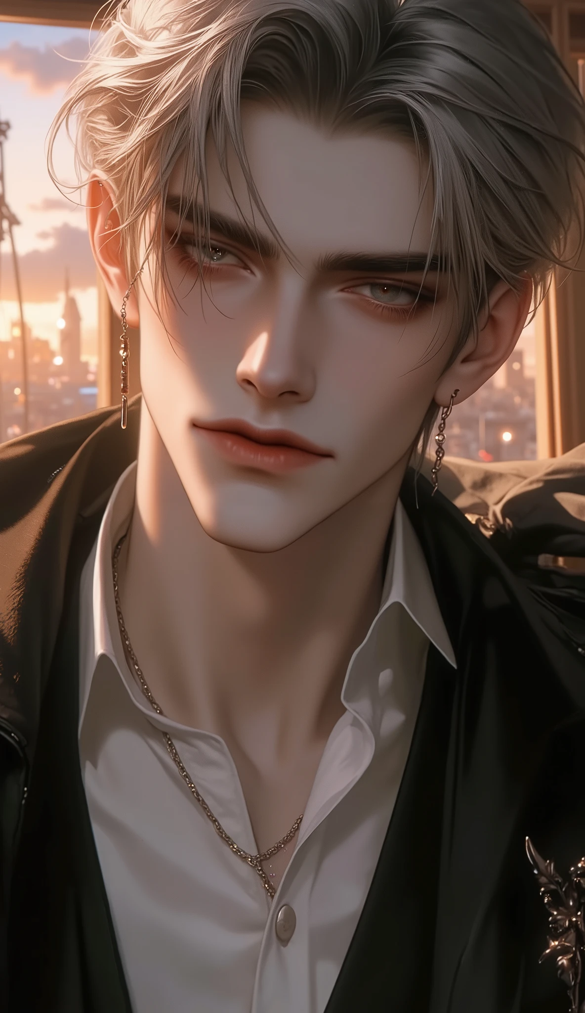 score_9,score_8_up,score_7_up,solo,looking at viewer,short hair,bangs,shirt,short gray hair,1boy,hair style slift back style,coat, tanned skin, wearing a white shirt, ,male focus,earring,portrait,,deep shadows,nsfw,uncensored,nsfw,beautiful evening viewbackground,(the orange light of the afternoon shines on the face  red eyes. bright face lighting