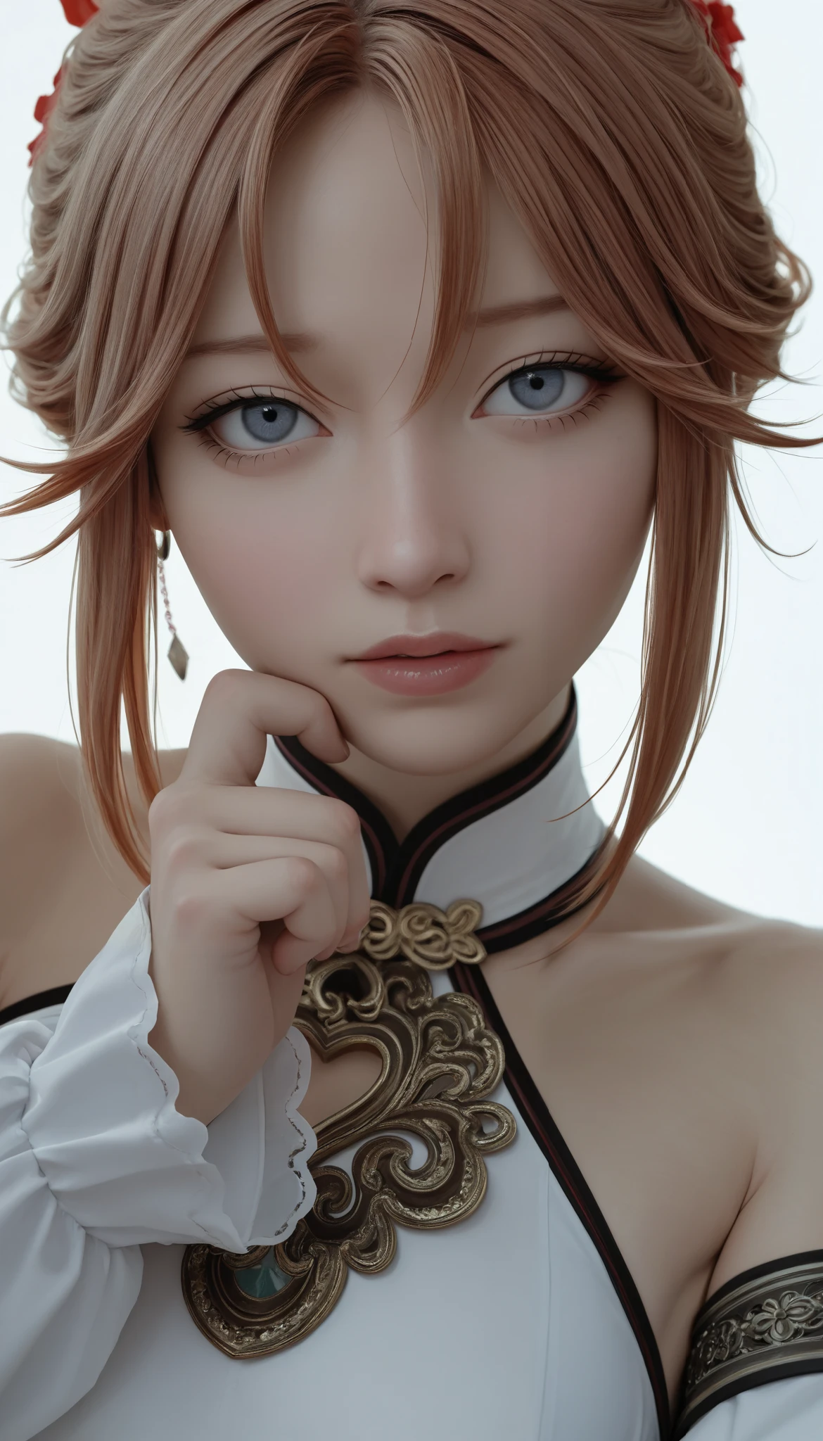 (photography, best quality), photorealistic, RAW, best score, best anatomy, ultra deitailed, amazing quality, very aesthetic, realistic:1.4 absurdres, highres, 2024, newest, HDR, 8K, high detail RAW color Photo, high contrast, portrait, (close up), large pupil, eyelashes, microtexture, rich in realistic textures,
bachong, bare shoulders, detached sleeves, ((forced perspective)), ((minimalist white background))