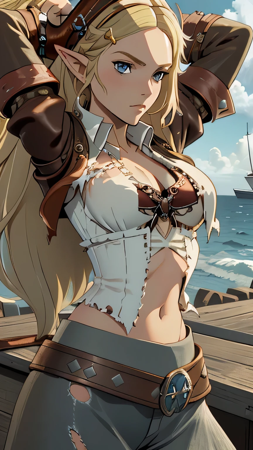 beautiful detailed 25 years old female japanese, wearing Pirate Attire: A rugged, pirate-inspired outfit with a tricorn hat, boots, and a corset, beautiful face, shiny white skin, blonde hair, curvy body, ultra large saggy breasts, massive cleavage exposed, ship background