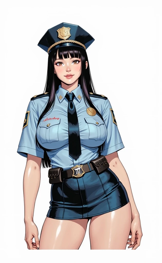 (masterpiece), (best quality), (detailed), (highres), <lyco:npzw-05:1.0>, npzw, (text), monochrome, upper body, woman, <lyco:beidouGenshinImpact_v10:0.7>, beidouep, wearing collared shirt, pencil skirt, police uniform, police hat, badge holster, long hair, one eye covered