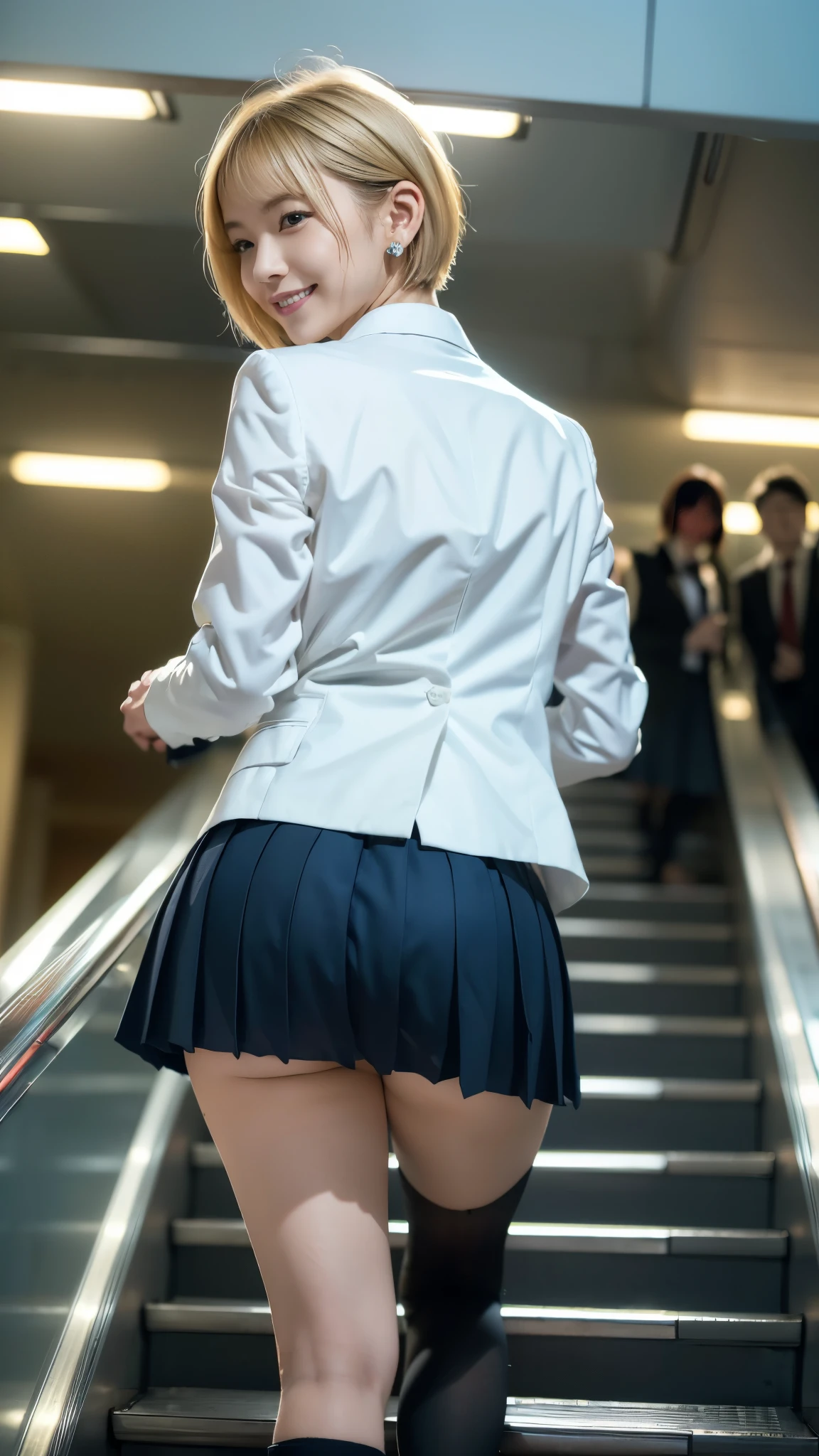 top quality,masterpiece, Ultra High Resolution, high-definition RAW color photo, professional photography, natural skin texture , fine skin, hyperrealism, smiles,(Blonde shortcut hair ,Blonde gal,Earrings),Gigantic ass,(( high school girl uniform , white cutter shirt, blazer,right blueチェック柄プリーツミニスカート)),(( escalatorの上から見下ろす,from below)),( escalator,from behind)