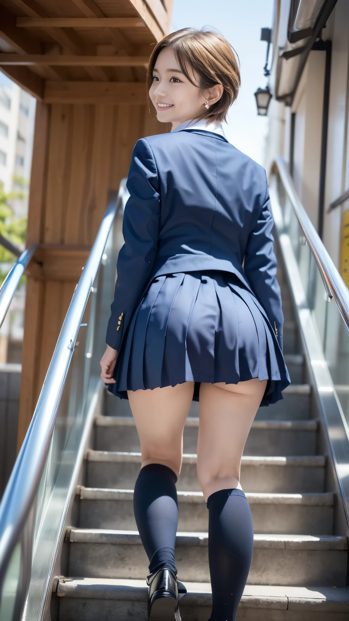 top quality,masterpiece, Ultra High Resolution, high-definition RAW color photo, professional photography, natural skin texture , fine skin, hyperrealism, smiles,(Blonde shortcut hair ,Blonde gal,Earrings),Gigantic ass,(( high school girl uniform , white cutter shirt, blazer,right blueチェック柄プリーツミニスカート)),(( escalatorの上から見下ろす,from below, turn around)),( escalator,from behind)