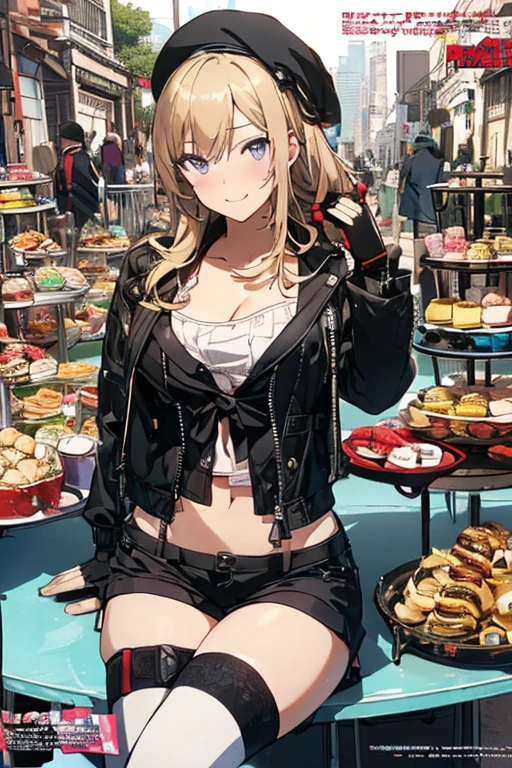 (from below:1.2),(from side:0.9), ((cute Face)), (Close-Up:0.6), ((looking at viewer, holding a icecream)),(Italian sweets magazine cover:1.4), highest quality、(real、photorealistic:1.5),(ultra high resolution,dark blue hair,long hair,side ponytail,hair between eyes,bangs, (beret, black jacket, open clothes, cleavage, midriff, black shorts, black thighhighs, thigh strap, fingerless gloves, single glove:1.2), (double breasted,under bust:1.2), sitting at a table, cute, anime visual of a cute girl, cute anime girl, eating cakes, young anime girl, guweiz, high quality anime artstyle, anime girl, artwork in the style of guweiz, beautiful anime girl, pretty anime girl, (anime girl), official artwork,(with sparkling eyes and a contagious smile),her thin pubic hair, looking at viewer, pose muy sexy"