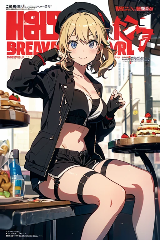 1 girl, small nose, very beautiful detailed face and eyes, bright colors, cute face, delicate beautiful face, Bright magenta eyes, cute eyes, sparkling eyes, Big eyes, (big breasts:1.3), (perky chest:1.1), (pointed chest:1.0), (cake magazine cover:1.3)，highest quality, WorKs of masters, High resolution,BlacK color hair，shiny hair, side ponytail,hair between eyes,bangs, (black jacket, real clothes, cleavage, black skirts, black thighhighs, thigh strap, fingerless gloves, single glove:1.2) , spread legs, panties shot, medium hips, glamorous body, white skin, smile, thin pubric hair, super beautiful face, Super beautiful eyes, Super beautiful hair，trendy outfit，sexy and attractive,full body esbian, Real World, Natural light,perfect Natural light,(with sparkling eyes and a contagious smile), This masterpiece is not only visually stunning but also tells,  make of cake cooking , in the kitchen, open mouth, looking at viewer,
