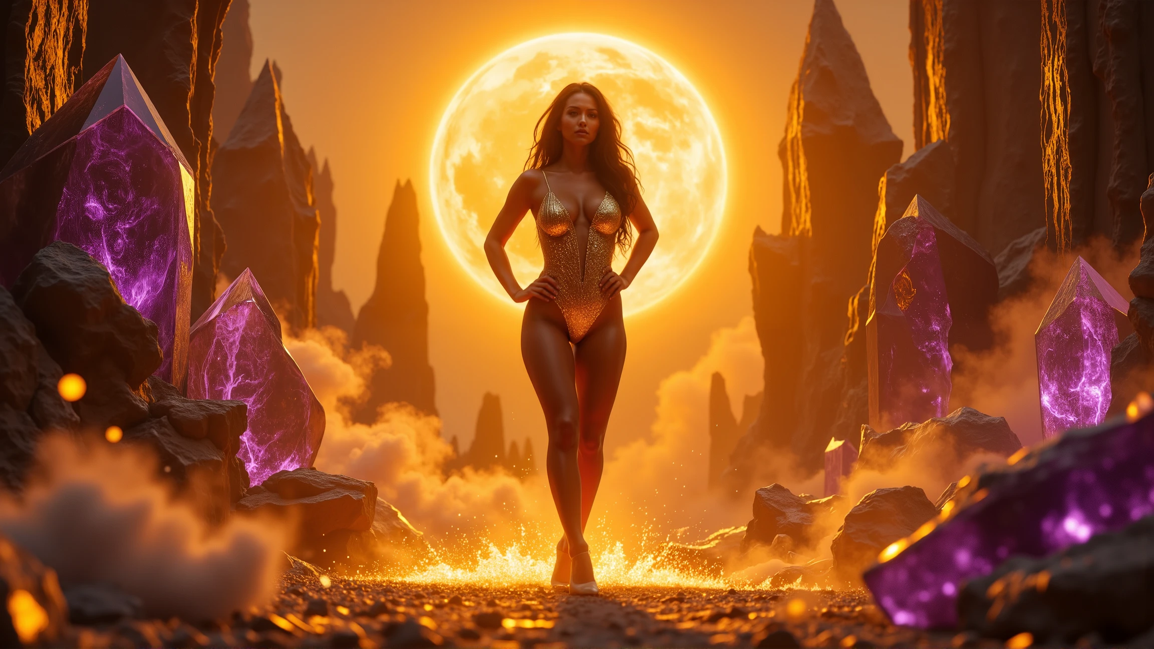 a woman with flowing sheer silk clothes, yelling as she summons a dragon ball, blasted moonscape, highly detailed, 8k, photorealistic, cinematic lighting, dramatic, powerful, energetic, athletic, young female, detailed face and eyes, flowing hair, dramatic pose, powerful energy, dragon ball, blasted moonscape, dramatic sky, glowing energy, cinematic, epic, stunning, masterpiece